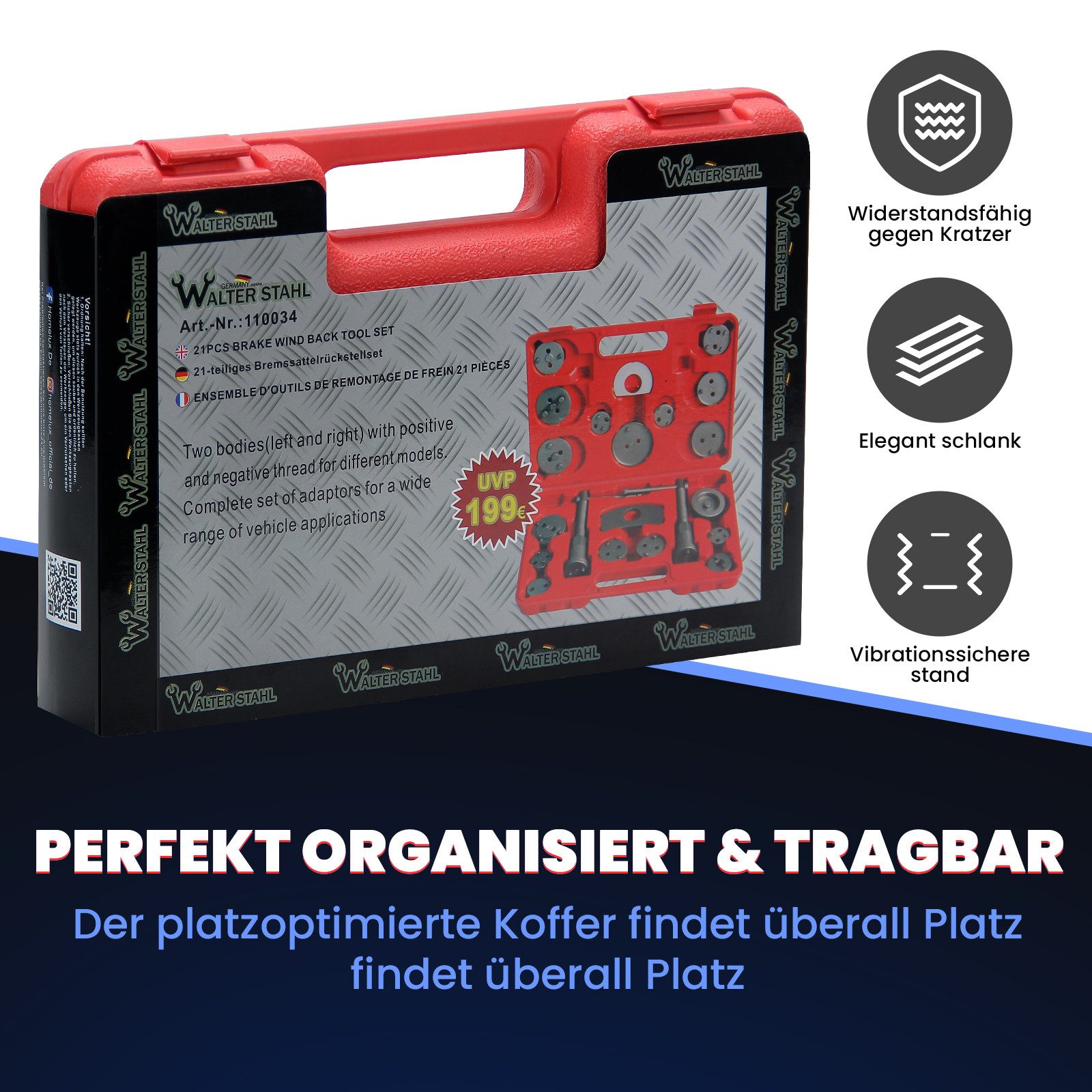 Walter Stahl Germany control Montagewerkzeug 21tlg Bremskolbenrücksteller Set, Werkzeugset, (Set, 21-tlg., 21tlg Bremskolbenrücksteller), KFZ Bremskolben Werkze – Bild 5 von 5