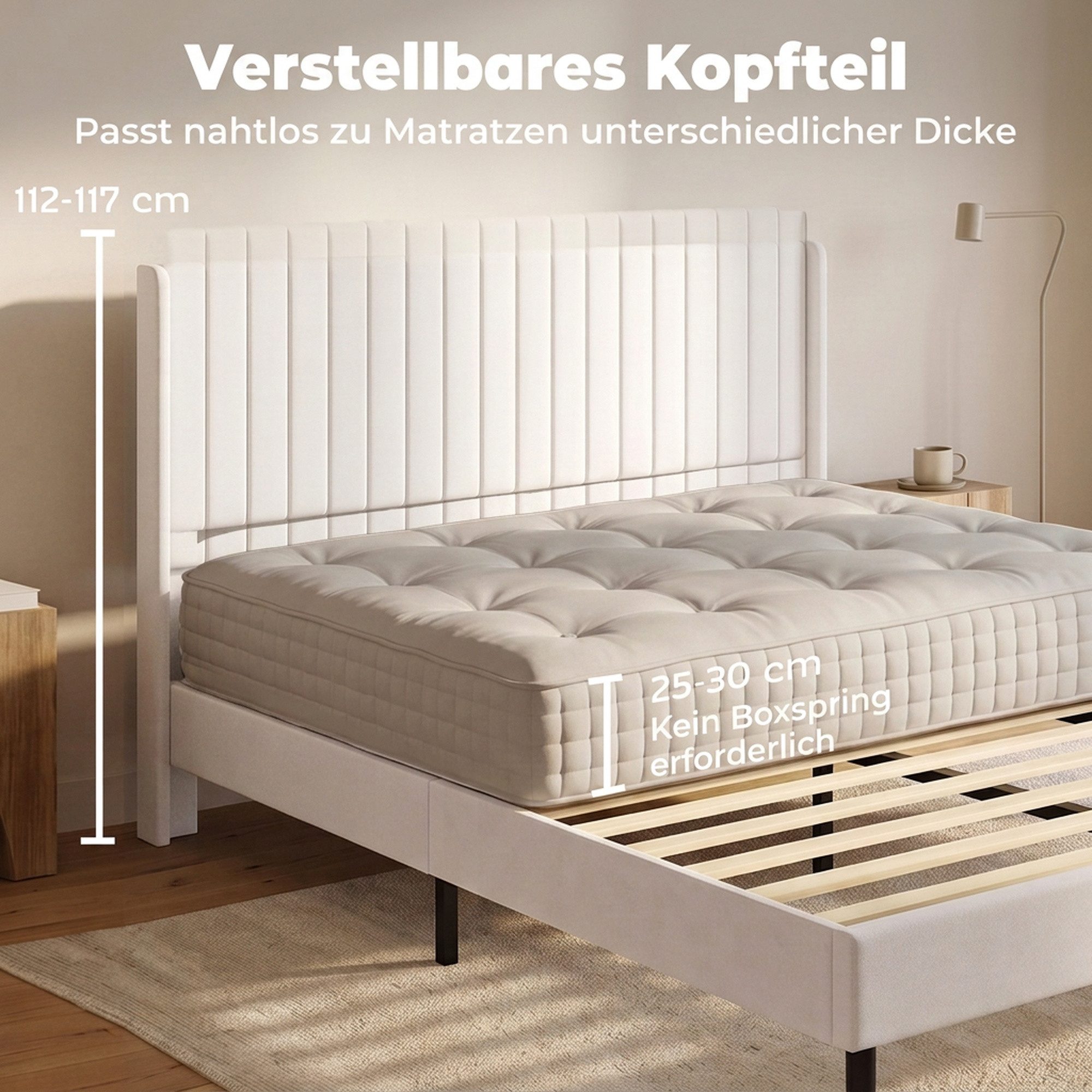 HOMCOM Bettgestell Polsterbett 140x200cm, Holland-Samt, gepolstertes Kopfteil, Beige (Set, 1-tlg., Bettgestell mit Lattenrost), Verstellbares Kopfteil, 15 cm Bo – Bild 4 von 5