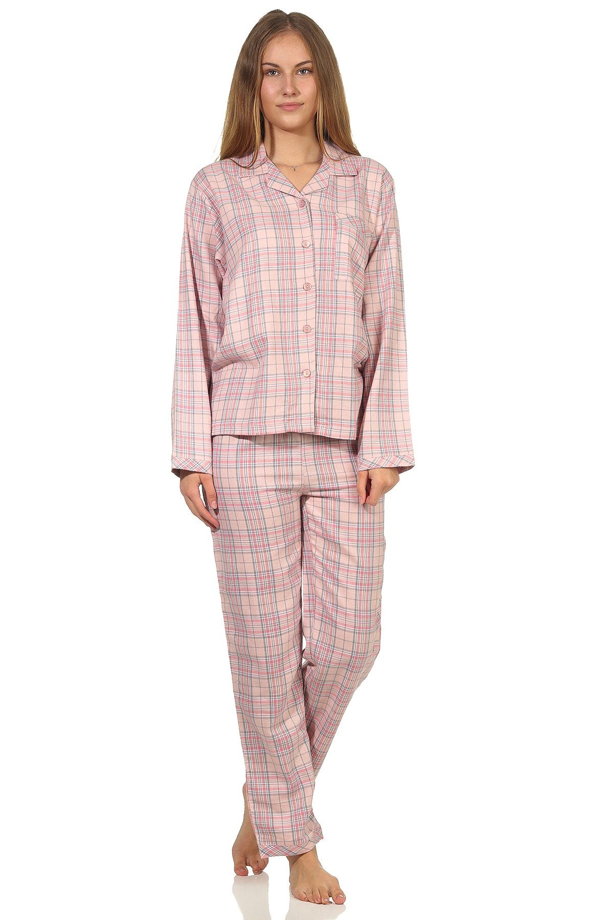Normann Pyjama Damen langarm Flanell Schlafanzug kariert - 202 15 602 rosa