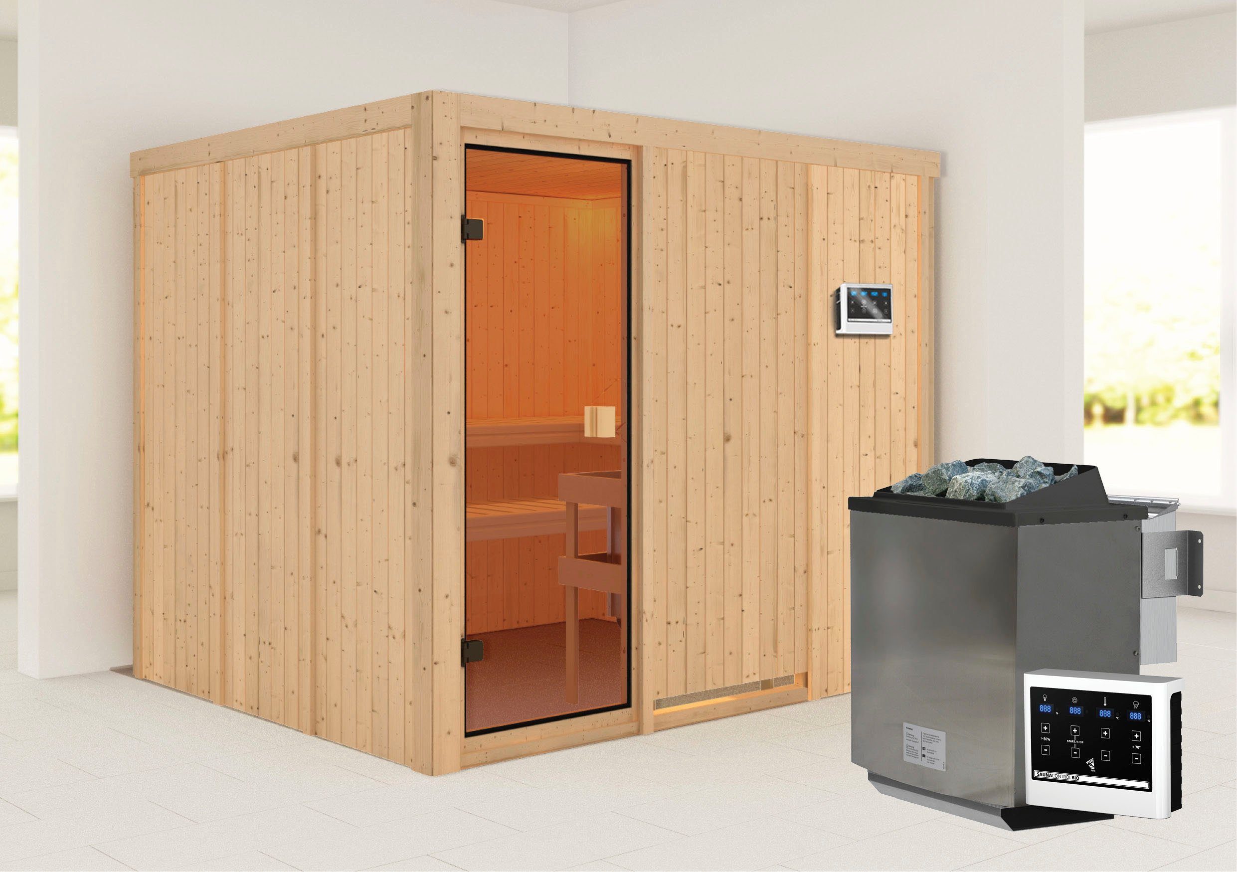 Karibu Sauna Nybro, BxTxH: 2310 x 1960 x 1980 cm, 68 mm, Ofen 9 kW Bio externe Strg easy