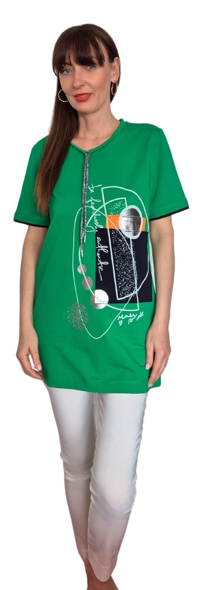 Estefania for woman Tunika 190-1122, mit abstraktem Druck und Tunnelzug im Kragen Ausschnitt mit Kordel, Kordelenden aus Metall, überlappender Ärmelsaum