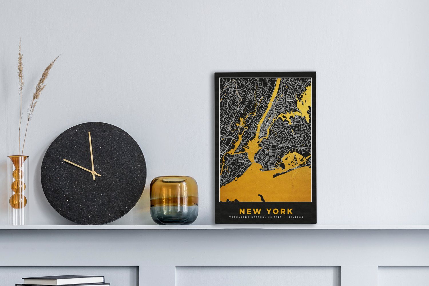 OneMillionCanvasses® Leinwandbild New York - Gold Stadtplan cm bespannt inkl. - Karte, St), Gemälde, (1 20x30 Zackenaufhänger, - Leinwandbild fertig