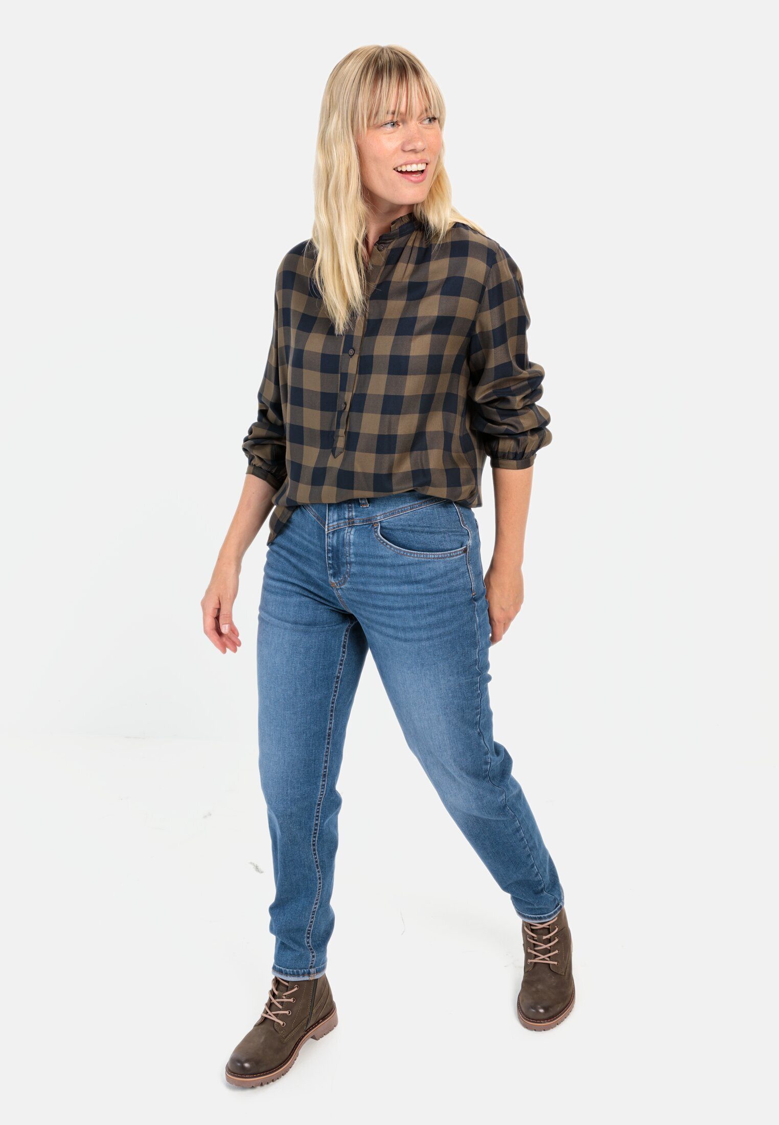 camel active Hemdbluse Karobluse aus Viskose Langarm Stehkragen kariert