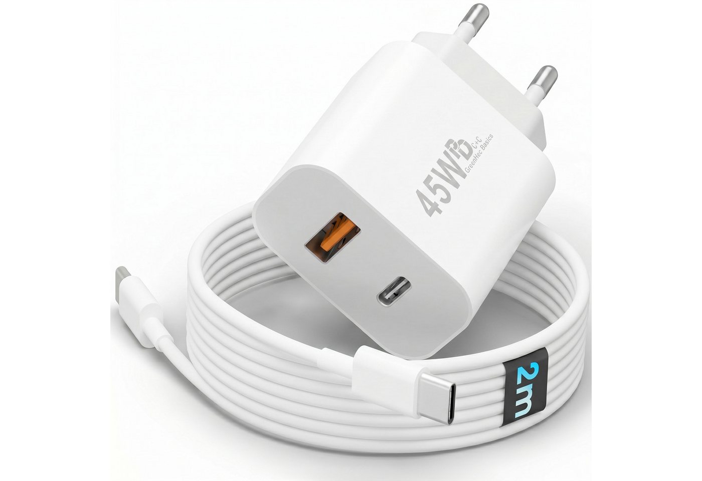 GreenHec 45w Schnellladegerät USB C Charger für Samsung S25 S24 S23 iPhone Schnelllade-Gerät (Spar-Set, 45w USB-C + USB-A Dual Charger + 2m Kabel, Netzteil Stecker Adapter Tablet Handy Google Dual Doppel Ladegerät)