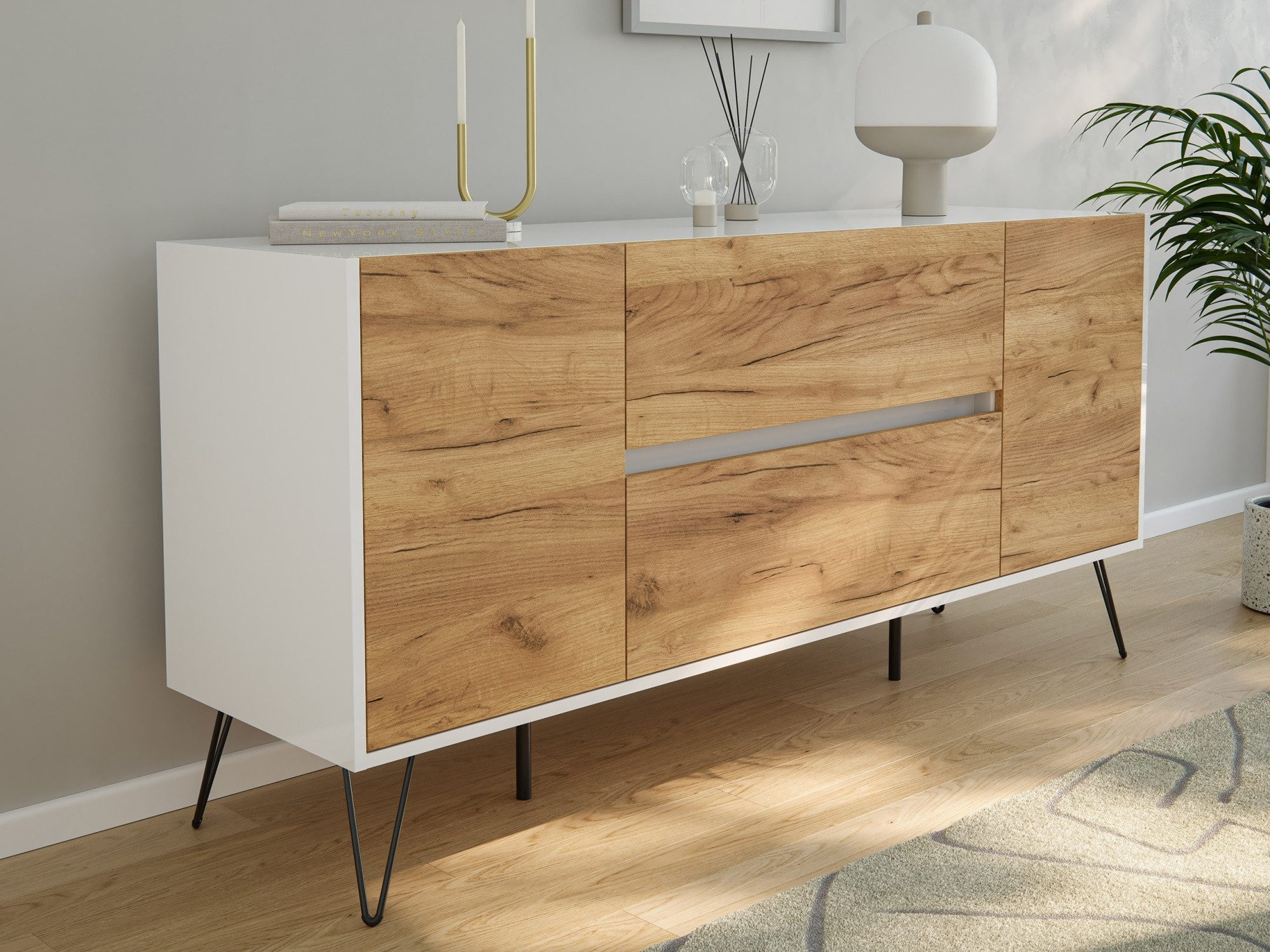 Magnolia Home Sideboard Sideboard Yako 155cm 2 SoftClose 2 Türen Weiß/Eiche Front