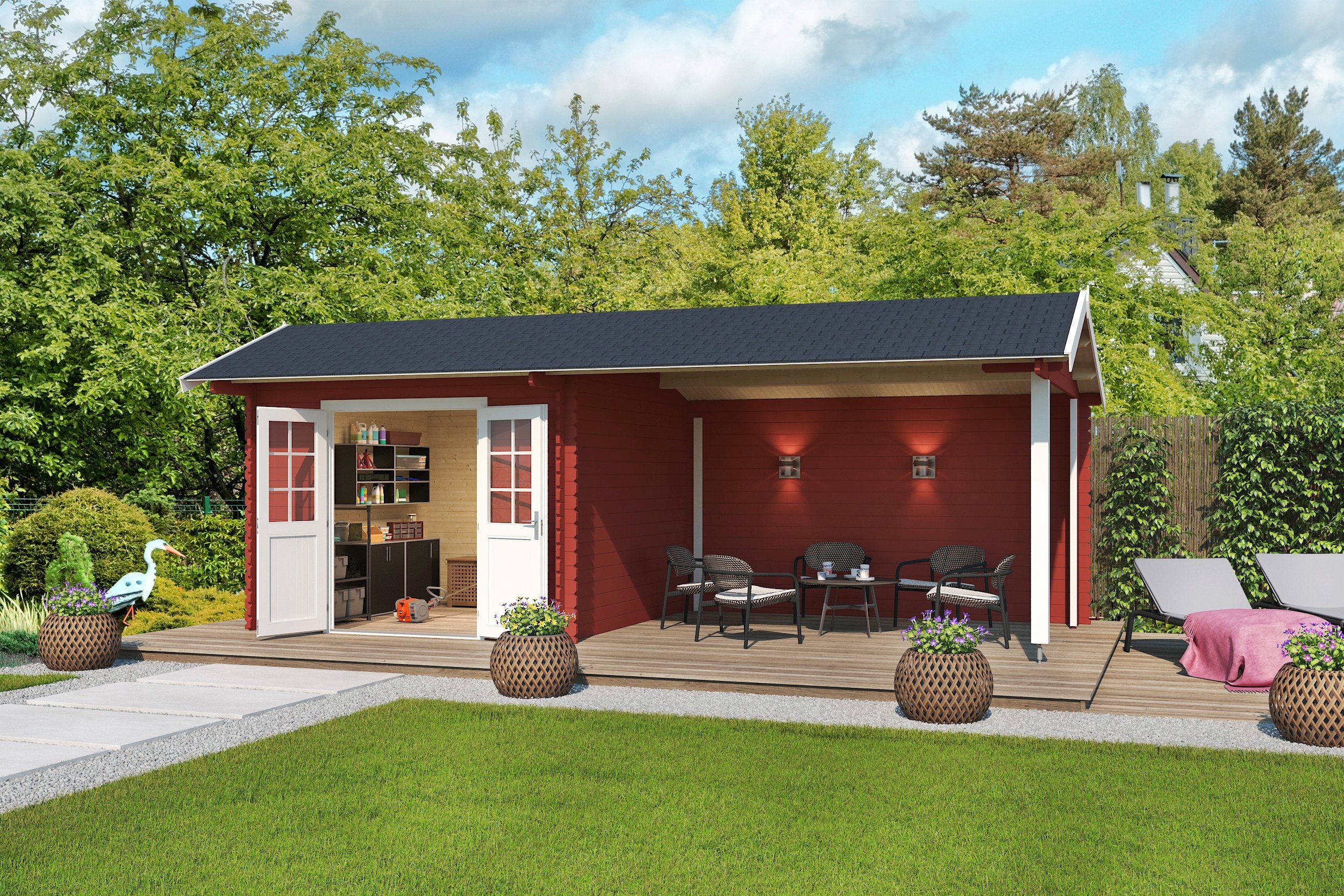 LASITA MAJA Gartenhaus New York, BxT: 700x389 cm, (Set), Blockbohlenhaus 34mm, mit Anbau