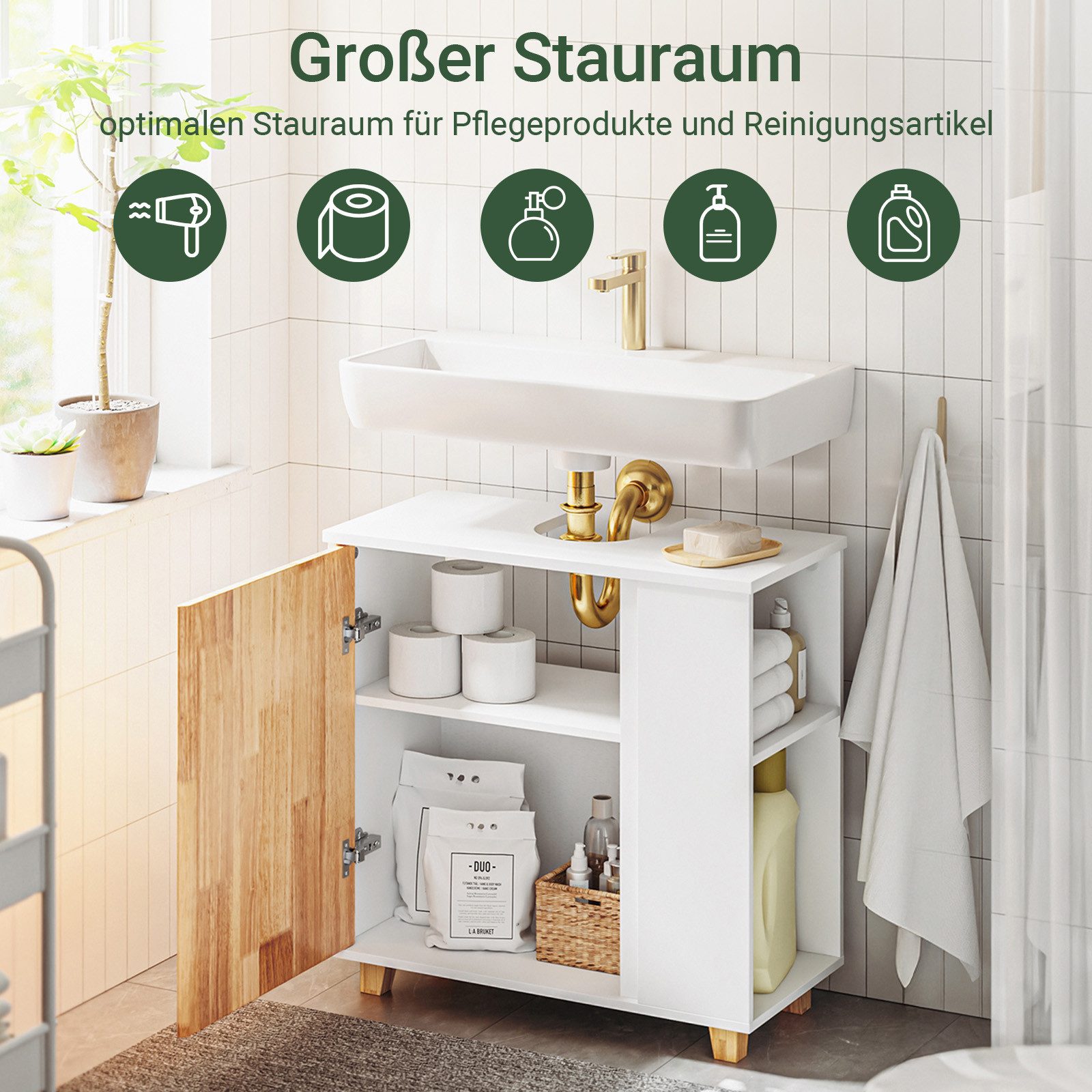 SoBuy Waschbeckenunterschrank BZR75, Waschbeckenunterschrank Waschtischunterschrank Badschrank Badmöbel mit 2 offene Fächer und 1 Tür – Bild 2 von 5