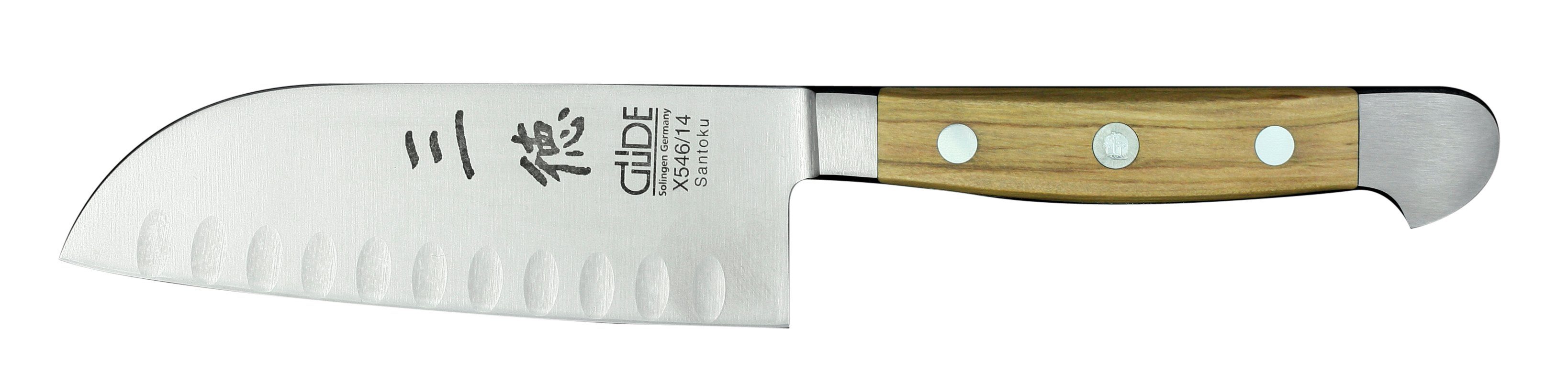 Güde Messer Solingen Santokumesser Alpha Olive, 14 cm mit Kullen - CVM-Messerstahl - Griffschalen Olivenholz