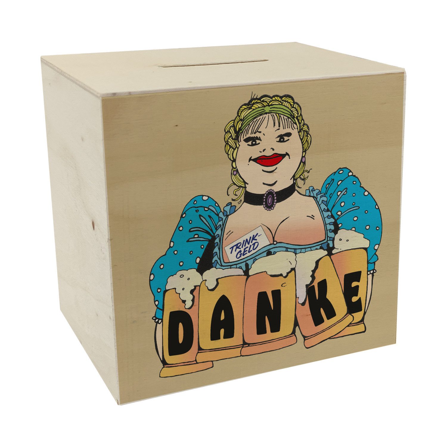 Spardose Bierzeltbedienung mit Maßkrügen DANKE Spardose aus Holz in braun für