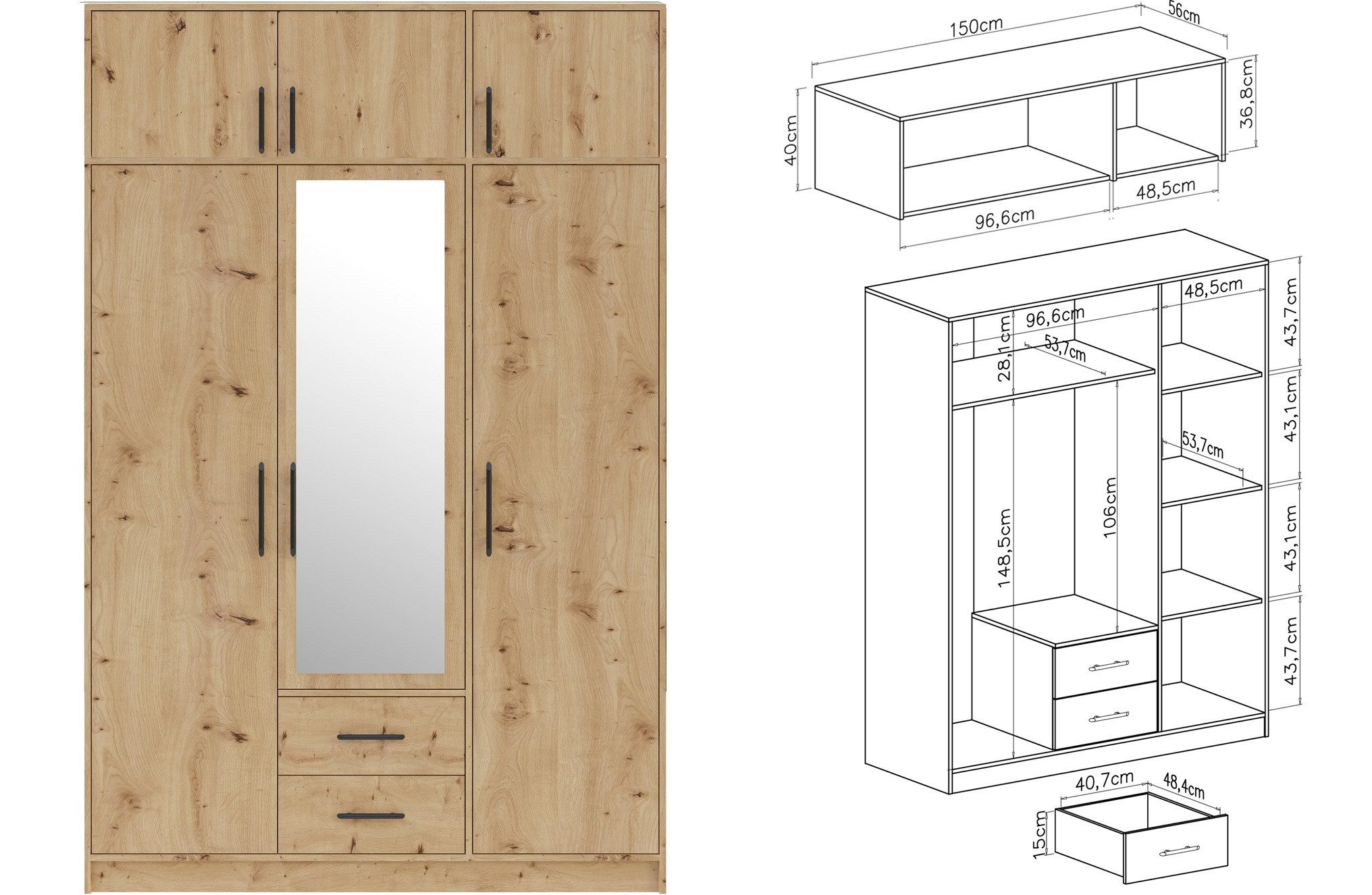 Marmex Möbel Garderobenschrank SMART 2+Spiegel/N Kleiderschrank Spiegelschrank 150 x 230 x 56 (2-St) Drehtürenschrank, Kleiderstange, Spiegel, 2 Schubladen, Sch – Bild 2 von 4