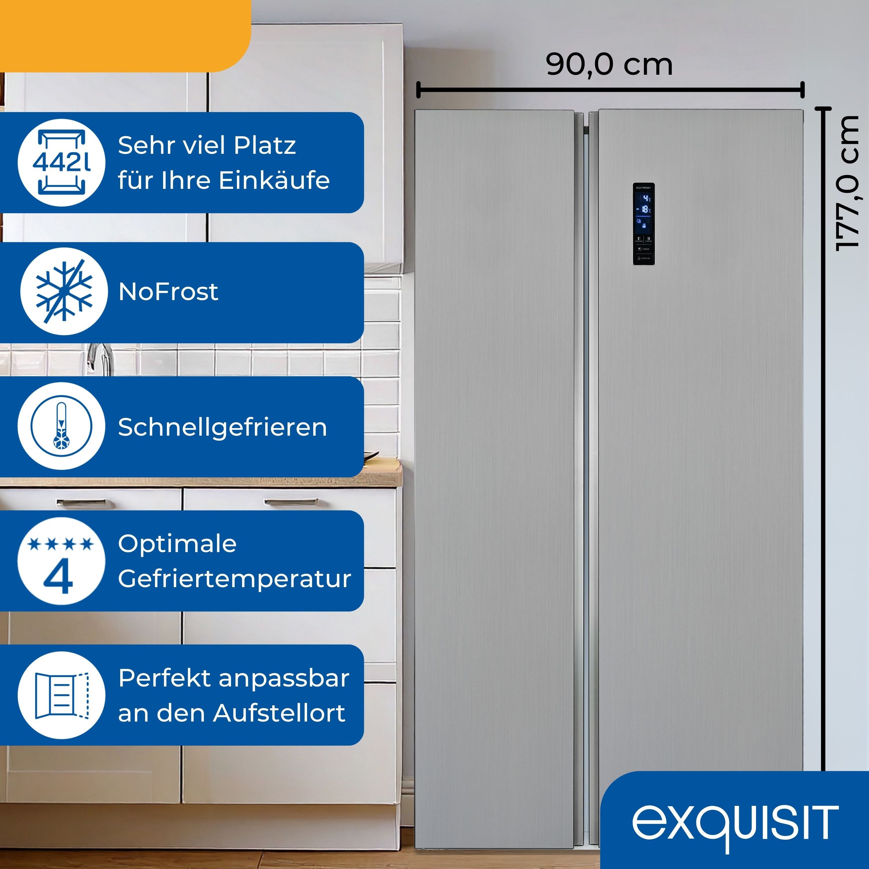 exquisit Side-by-Side SBS546-040E, 177 cm hoch, 90 cm breit, verstellbare Glasablage, No-Frost, elektronische Temperaturregelung