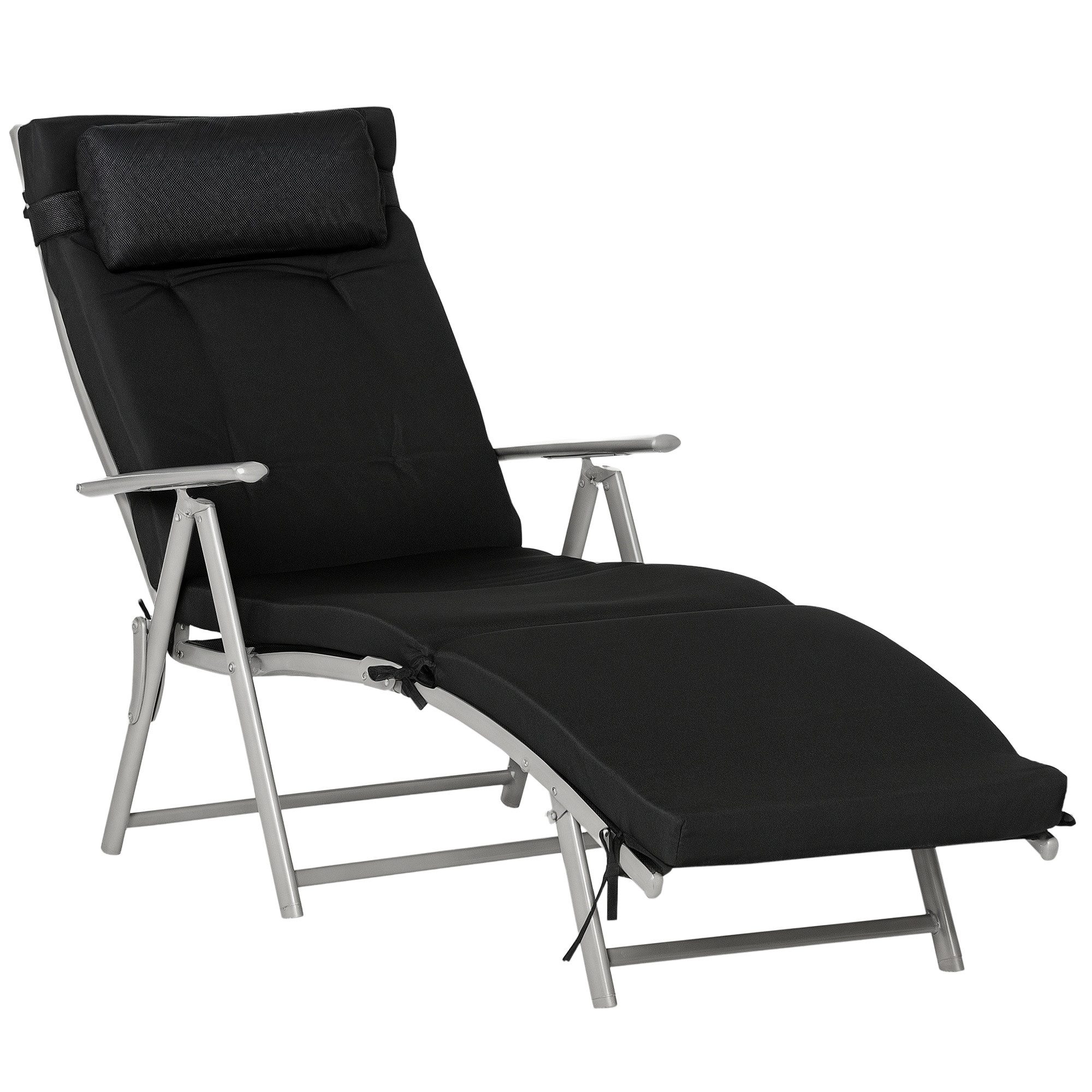 Outsunny Gartenliege Strandliege mit Kopfkissen, Liegestuhl bis 165 kg belastbar., Liege, 1 St., Sonnenliege, Sonnenliege 7-stufig Verstellbar Klappbar Metall Schwarz