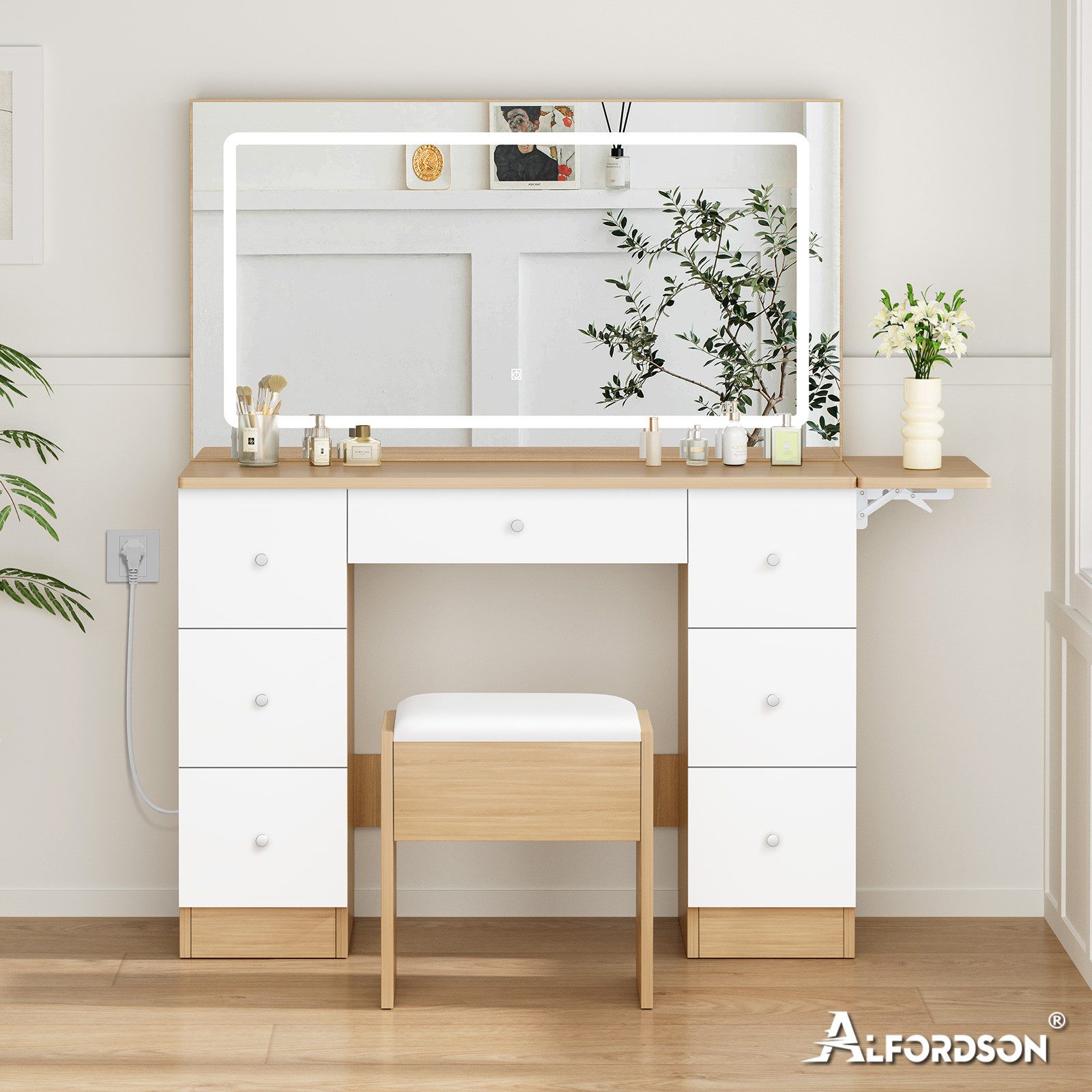 ALFORDSON Schminktisch mit LED-Spiegel, 7 Schubladen und Steckdosen, Schminktisch-Hocker-Set (1-St., Schminktisch-Set mit Stauraumhocker und klappbarer Tischplatte), 3 Farbmodus-Lichter und 10-stufige Dimmbarkeit
