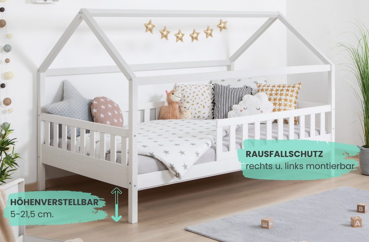 Ticaa Hausbett Kay mit Rausfallschutz aus Kiefer, Kinderbett 90x200, inkl. Dach, mit Rollrost