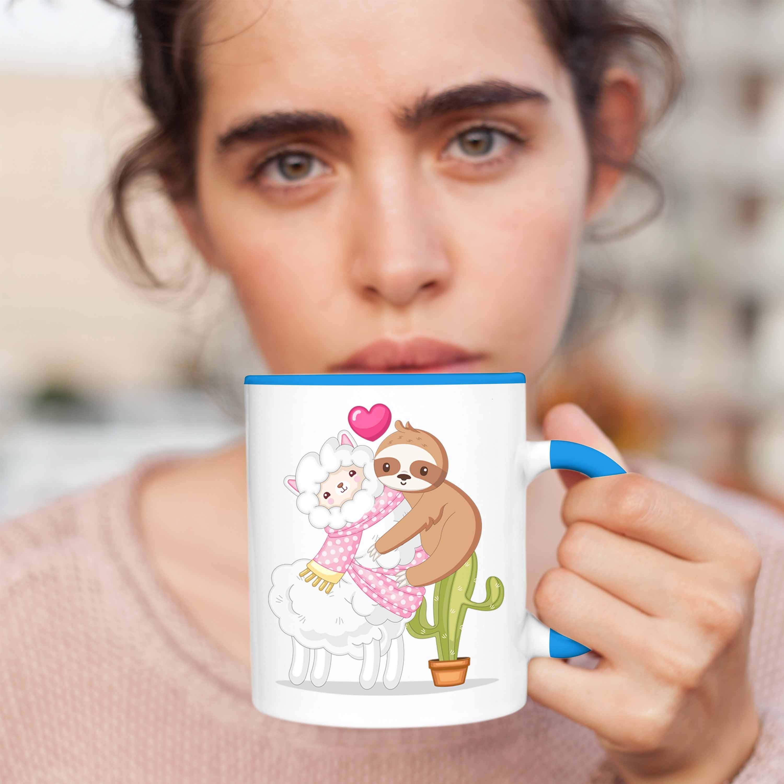 Trendation Tasse Valentinstag Freundin Grafik Blau Alpaka Tasse Faultier Geschenk Niedliche