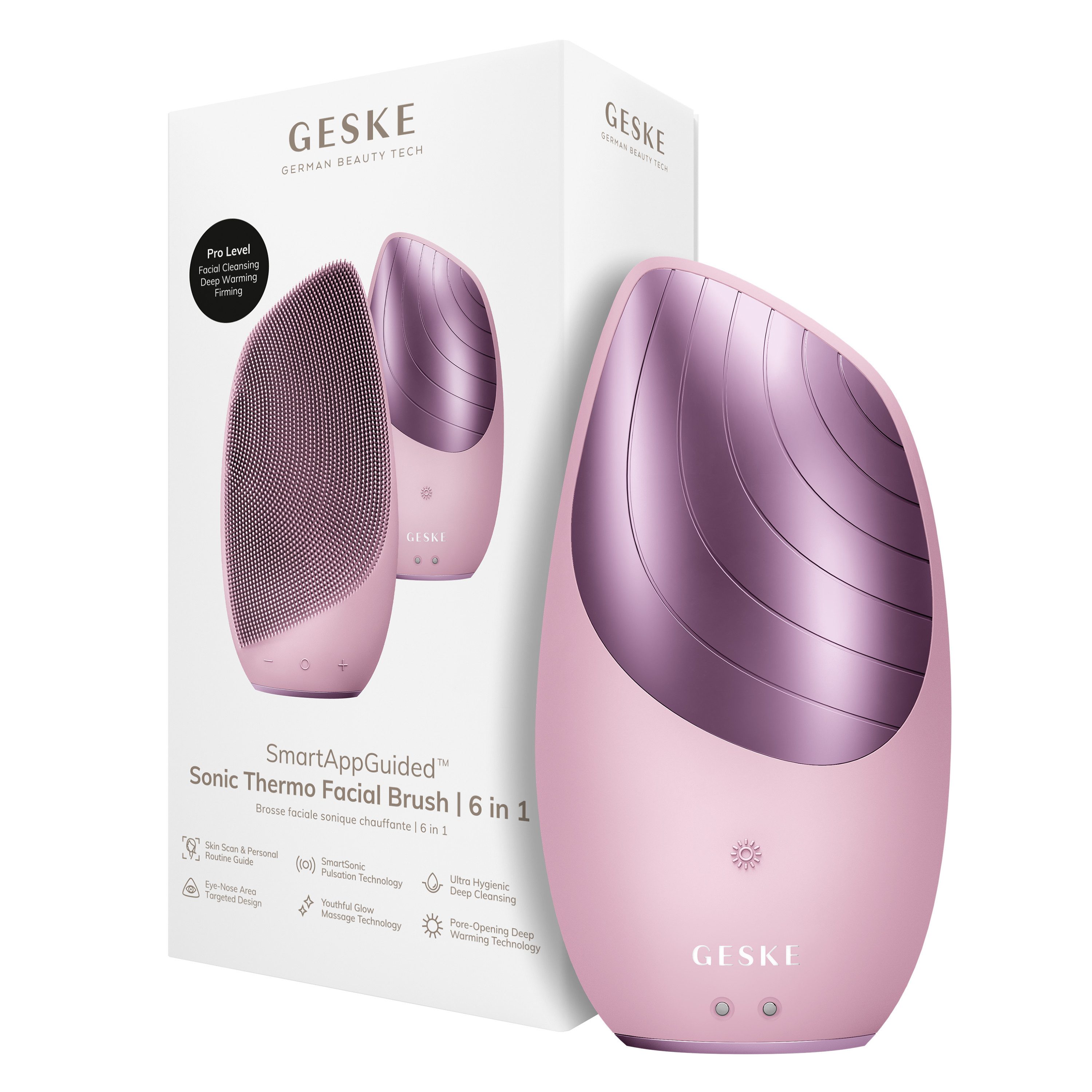 GESKE German Beauty Tech Elektrische Gesichtsreinigungsbürste SmartAppGuided™ Sonic Thermo Facial Brush 6 in 1, Packung (Gerät & USB-Ladekabel), 2-tlg., Gerät inkl. kostenloser APP (SmartAppGuided Device), Anti-Aging Massage-, SmartSonic Pulsation- & Tiefen-Wärme-Technologie