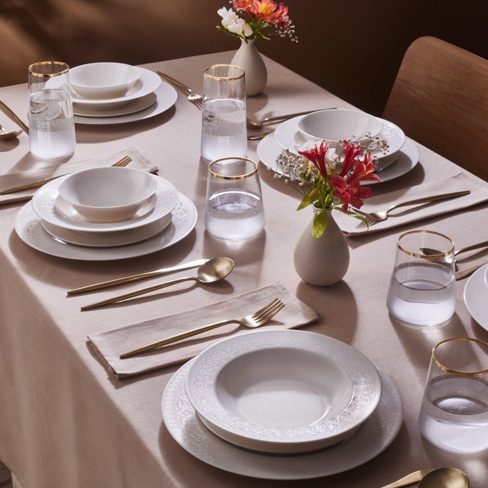 Karaca Geschirr-Set Karaca New Dome 24-tlg Bone China Geschirrset für 6 Personen, Weiß