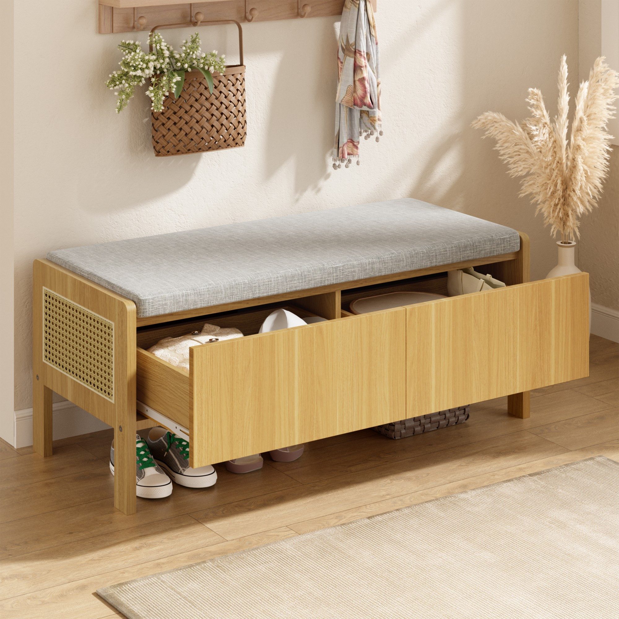 BlingBin Schuhbank Sitzbank mit Stauraum, 2 Schubladen (Schuhbank Rattan, Rattan Schuhbank, 1-St., 13 x 40 x 45,5 cm Aufbewahrungsbank), Polsterbank Flur, Rattan-Seitenteile, gepolstert, Natur Grau