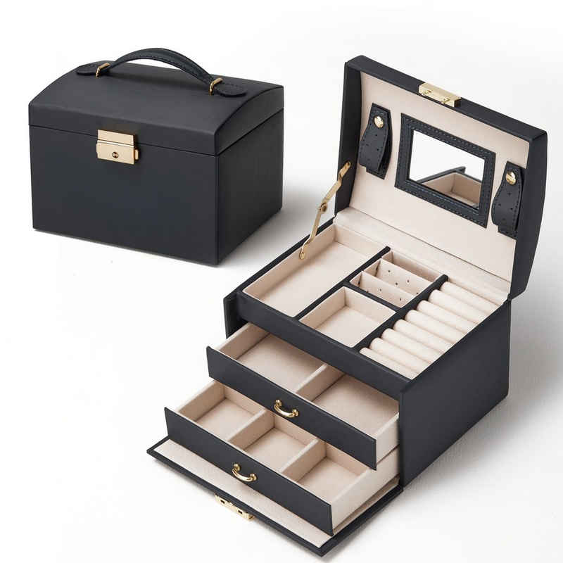 Mondeer Schmuckkasten Schmuckbox, abschließbar, 3 Ebenen, mit Spiegel und Schubladen