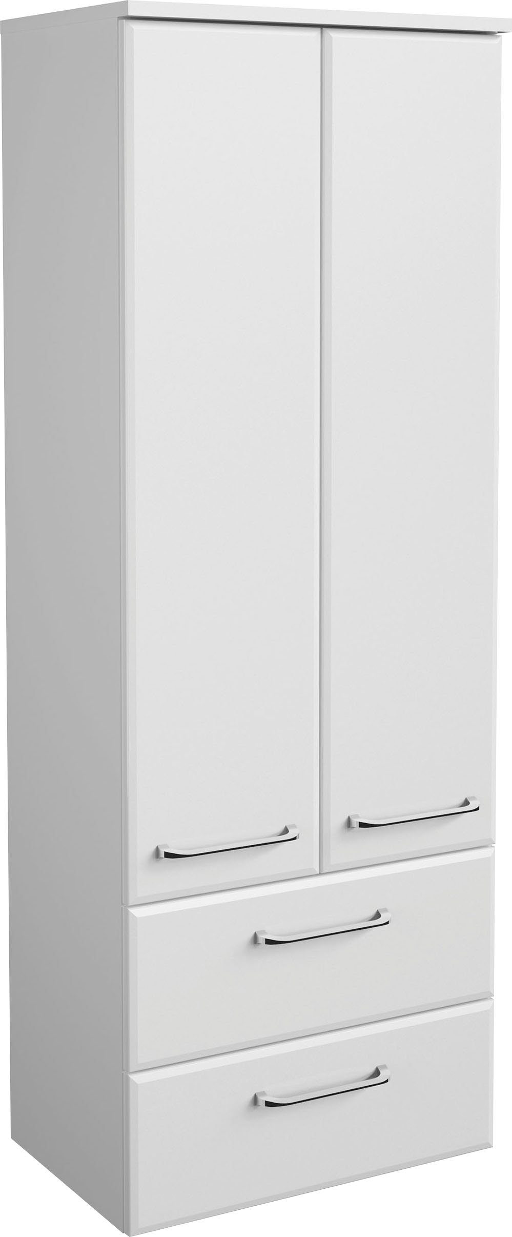 Saphir Midischrank Quickset Badschrank 50 cm breit, 2 Türen, 2 Schubladen, 2 Einlegeböden Badezimmer-Midischrank inkl. Türdämpfer, Griffe in Chrom glänzend