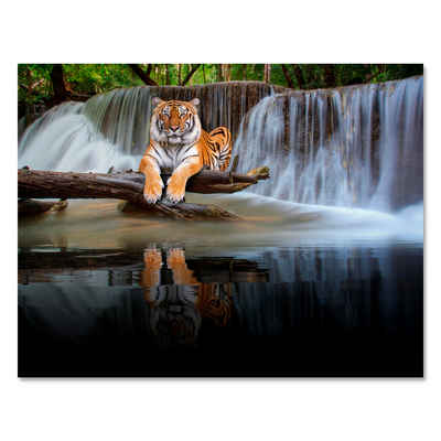 wandmotiv24 Leinwandbild Tiere, Querformat, Tiger am Wasserfall, Tiere (1 St), Wandbild, Wanddeko, Leinwandbilder in versch. Größen