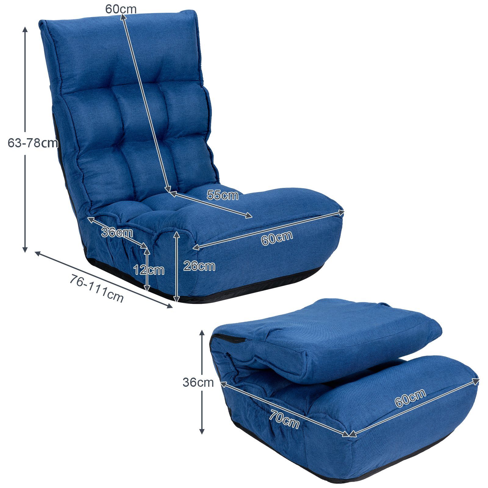 Relaxsessel, klappbar, COSTWAY 140kg Blau verstellbare Rückenlehne&Kopfstütze,