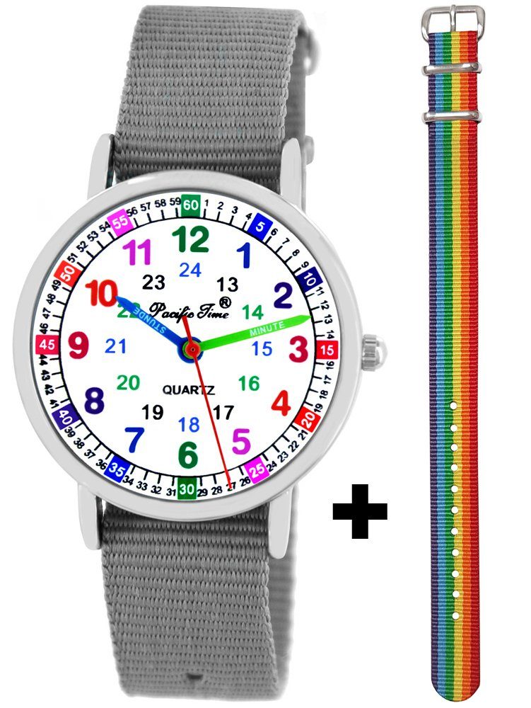 Pacific Time Quarzuhr Kinder Armbanduhr Jungen Lernuhr Textil 2 Wechselarmband grau 12926, + buntes Armband - Gratis Versand