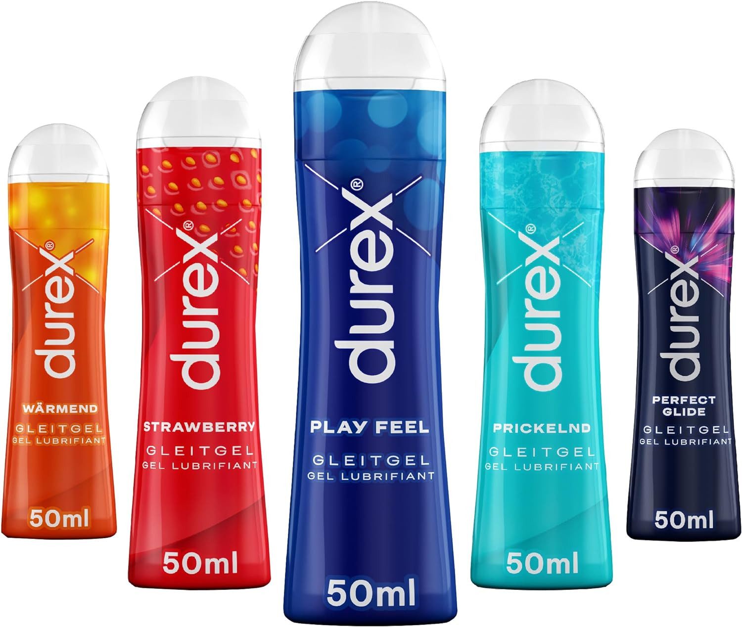 durex Gleitgel Play Perfect Glide & Strawberry & Wärmend & Prickelnd & Play Feel, Ausprobierpaket, 5-tlg., für verschiedenste Erlebnisse (5 x 50ml)