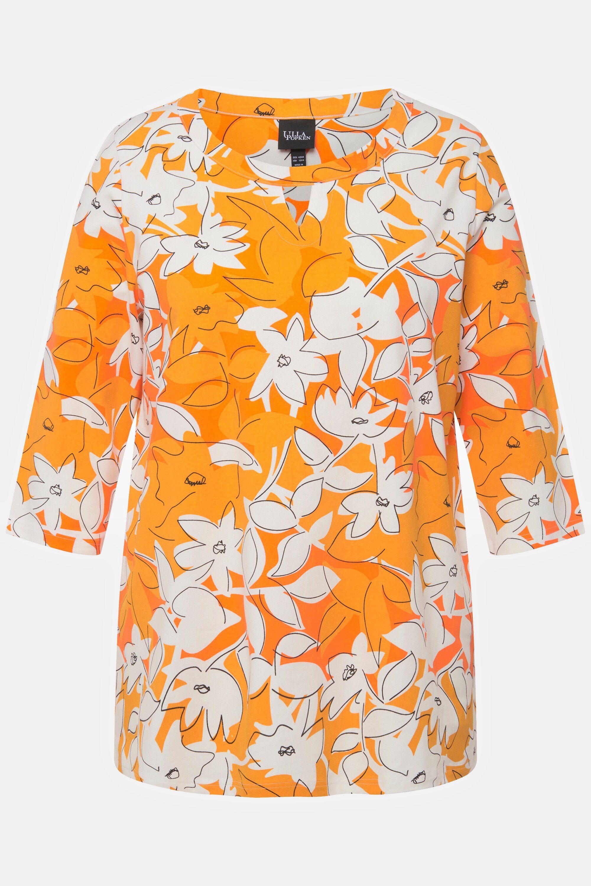 Ulla Popken Rundhalsshirt T-Shirt Blüten mandarine 3/4-Arm Tunika-Ausschnitt Classic
