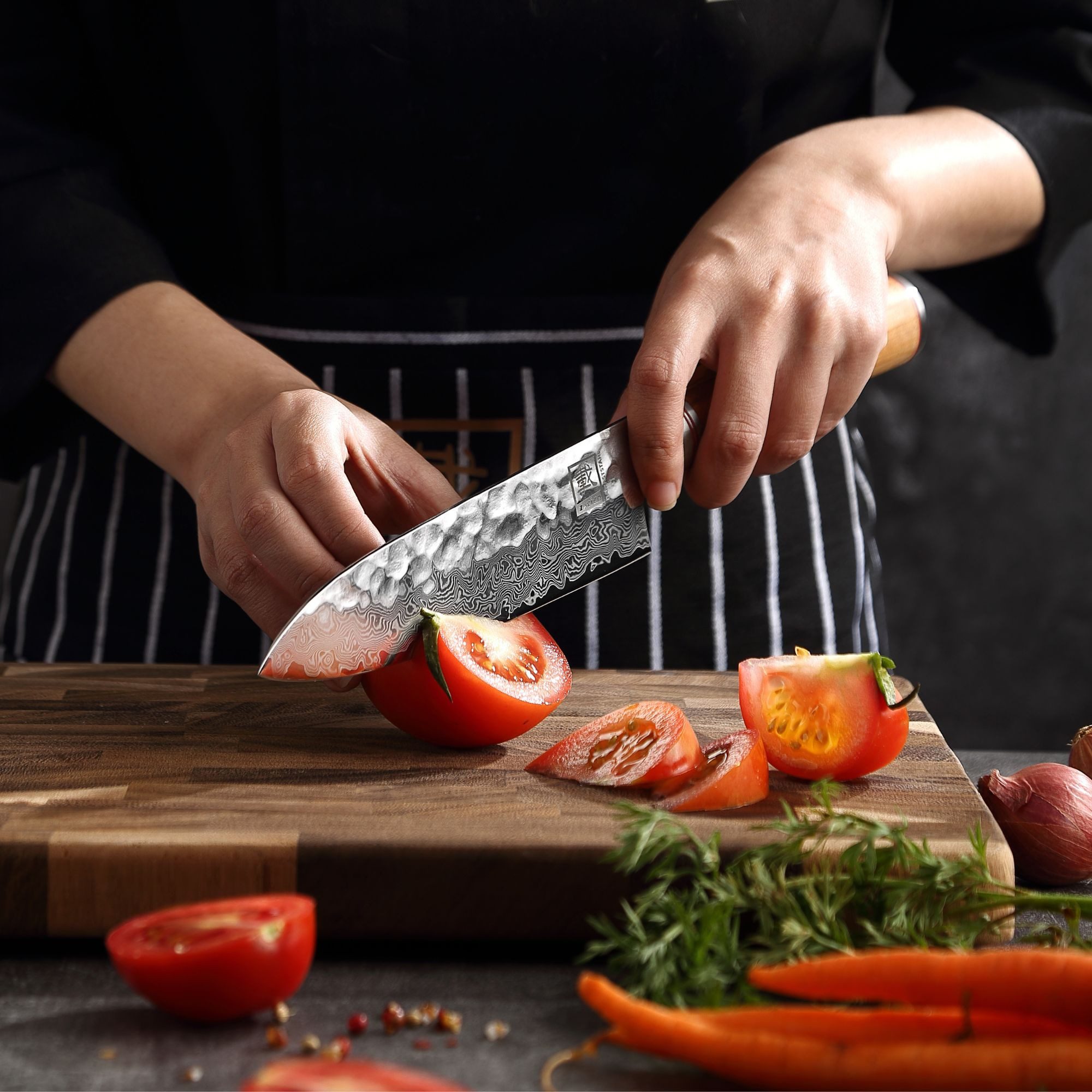 ZAYIKO Asiamesser Minami Damast Santoku Küchenmesser 17 cm Klinge Olivenholzgriff, Damaststahl, VG10-Kern, Hammerschlag