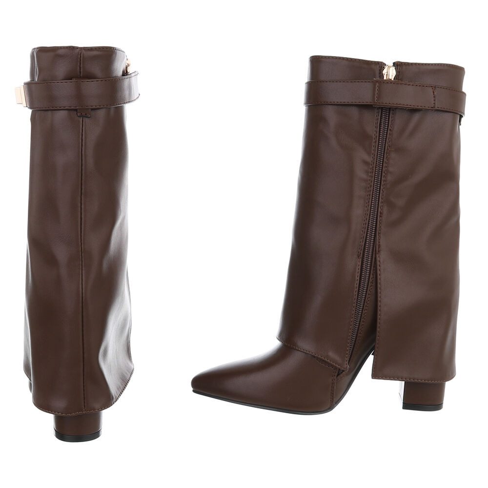 Ital-Design Elegante Stiefeletten mit umgeschlagenem Schaft für Damen High-Heel-Stiefel (90169664) Blockabsatz Stiefel in Braun