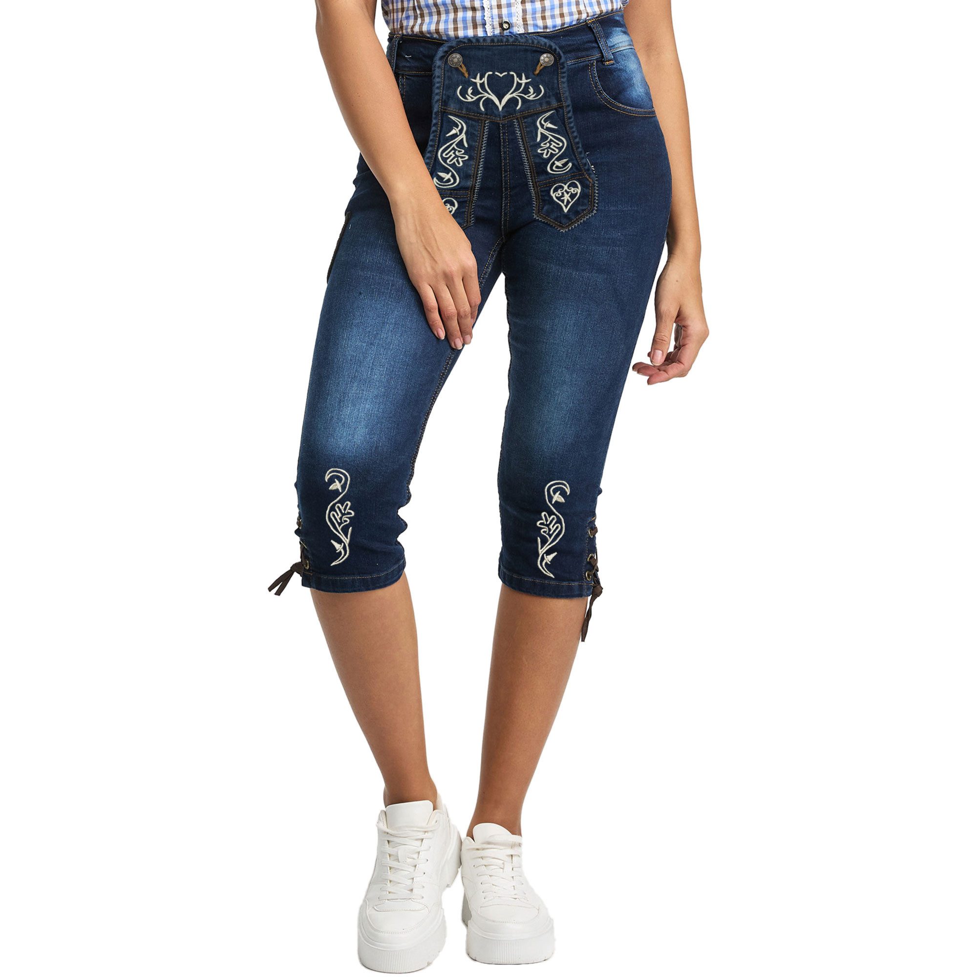 Steigenhöfer Manufaktur Trachtenjeans im Lederhosen Look - Damen Shorts - Stretch für Komfort - Capri Jeans Traditionelles Design - Ideal für Oktoberfest usw. - auch als 3/4 Hose