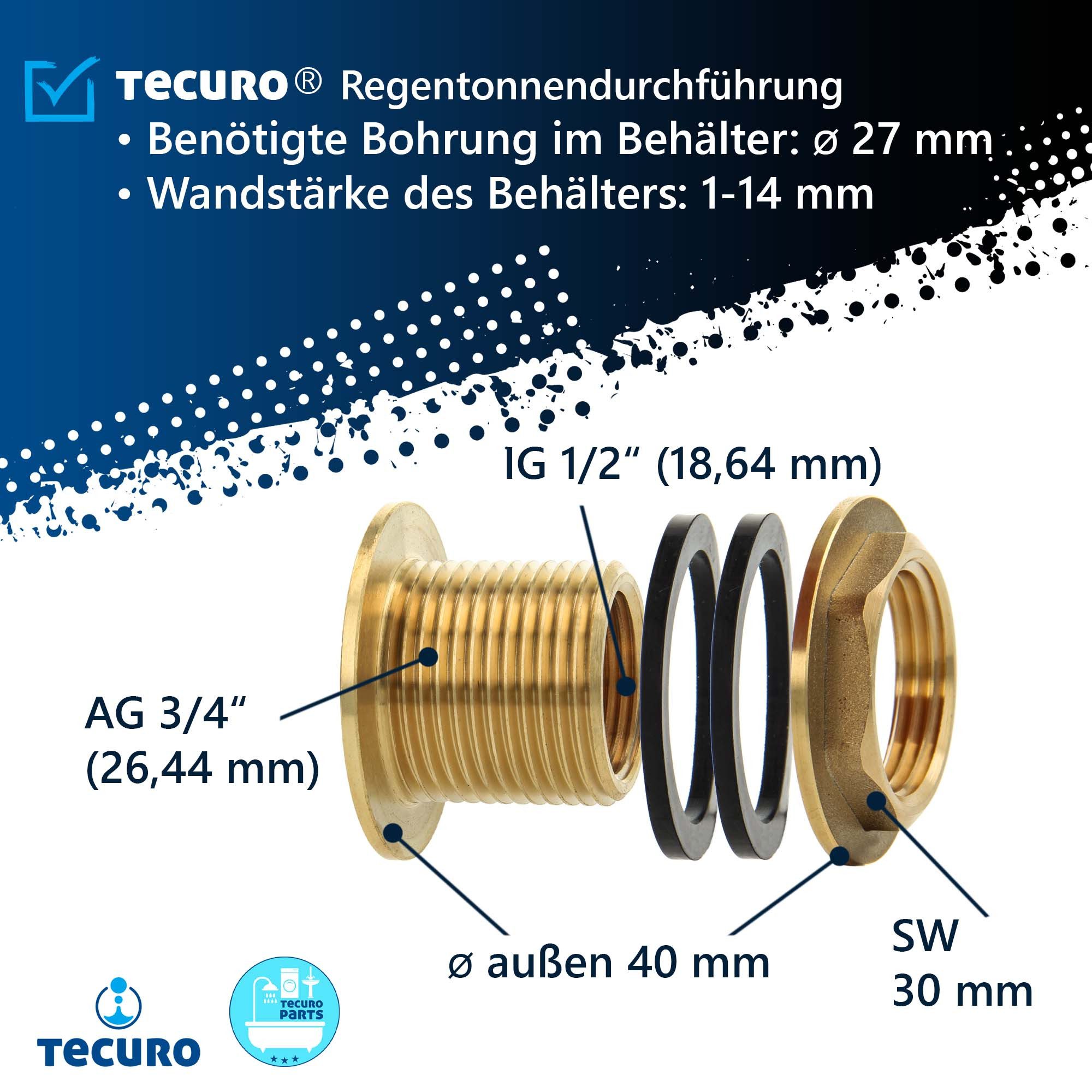 tecuro Gewindefitting Regentonnendurchführung IG 1/2 x AG 3/4 Zoll – Bild 5 von 5
