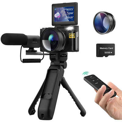 A Ade V01 Systemkamera (48 MP, inkl. mit Stativ, Mikrofon, Weitwinkel Linse, Fernsteuerung, 32GB SD Karte, 16X Digitalzoom Fotokamera, 4K Videokamera Camcorder)