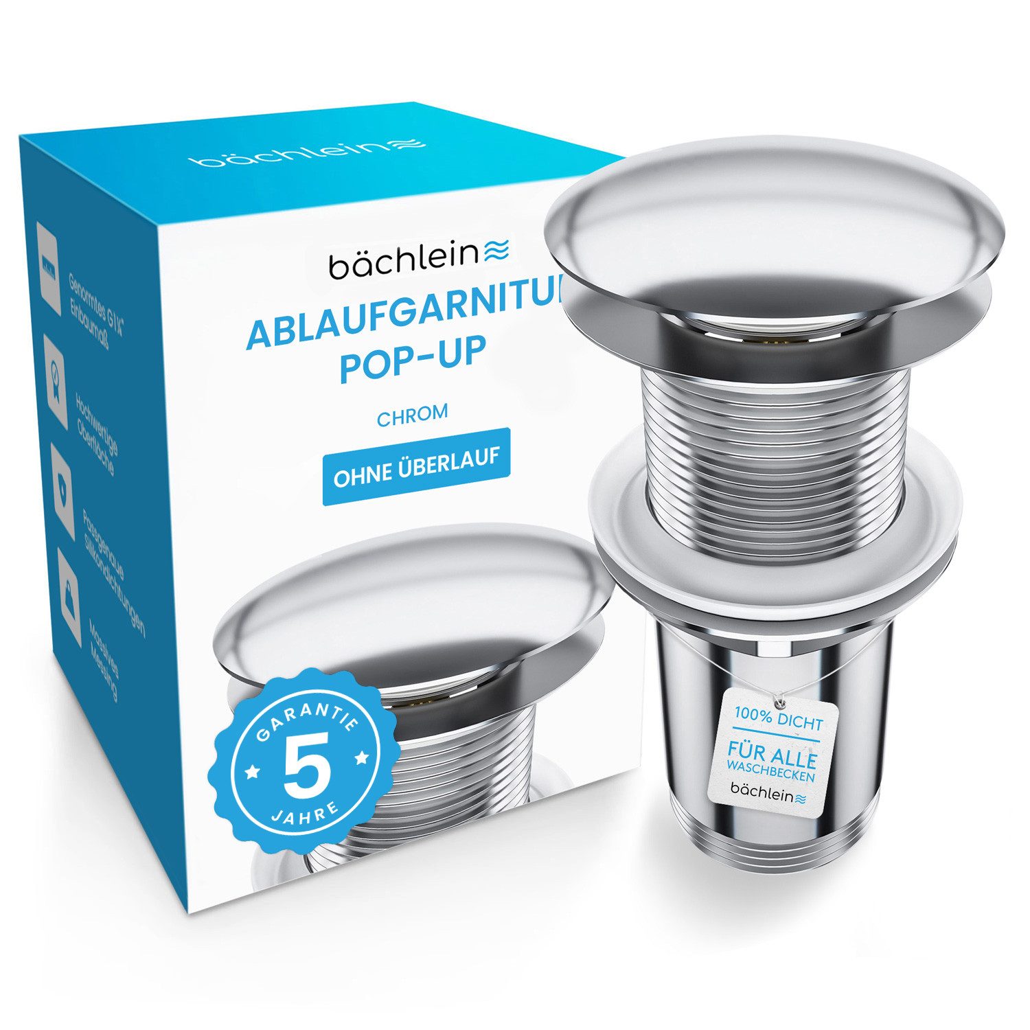 Bächlein Ablaufgarnitur Waschbeckenabfluss Pop Up (eleganter Waschbeckenstöpsel) Werkzeugloser Einbau - Click Clack Funktion