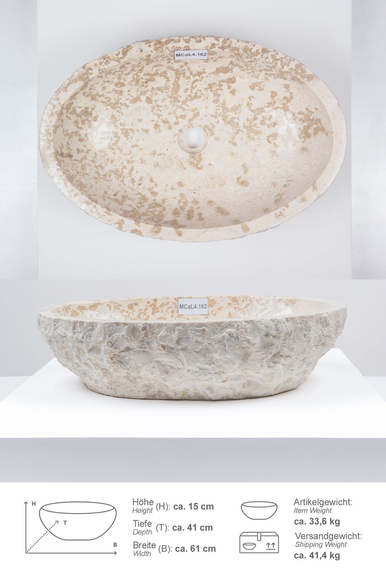 wohnfreuden Aufsatzwaschbecken Erosi Marmor Waschbecken 60 cm creme (Kein Set), 102276_MCaL4.162