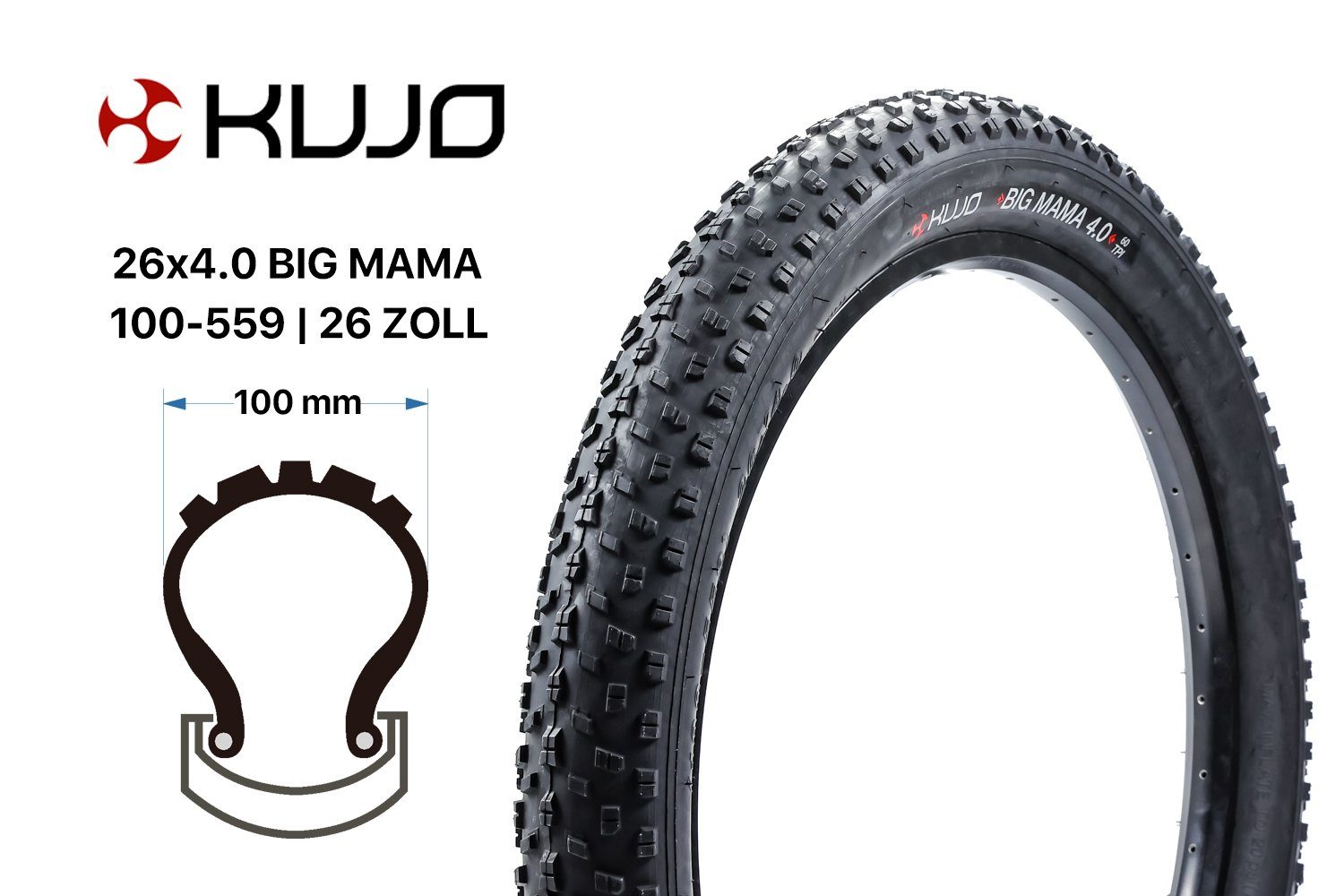 Kujo Fahrradreifen 26 Zoll Fahrrad Reifen Kujo BIG MAMA 26x4.0 MTB Fatbike 100-559 Schwar