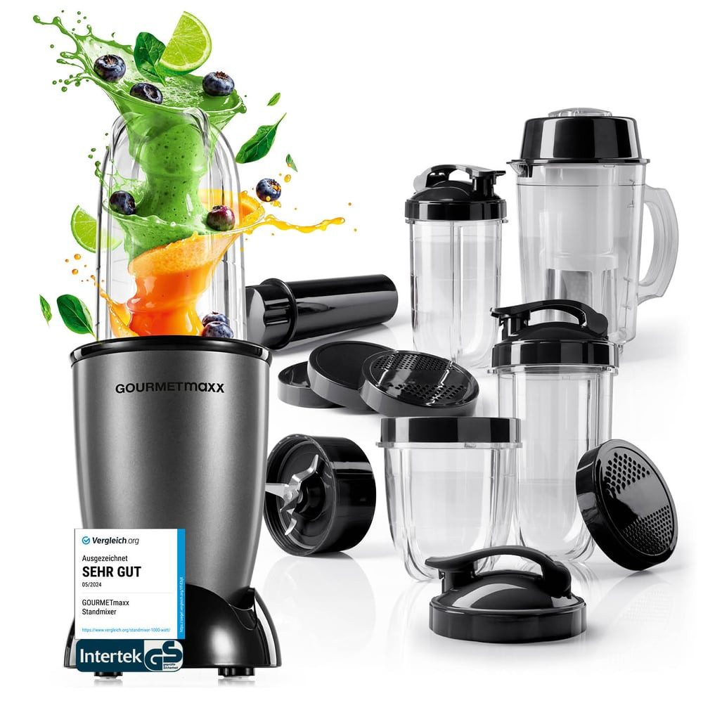 GOURMETmaxx Standmixer Mixer Mr. Magic 19-tlg. 400W anthrazit/schwarz, 400 W, inkl. Zubehör-Set L rot Speisen Smoothies Getränke 4 Mixbecher To-Go