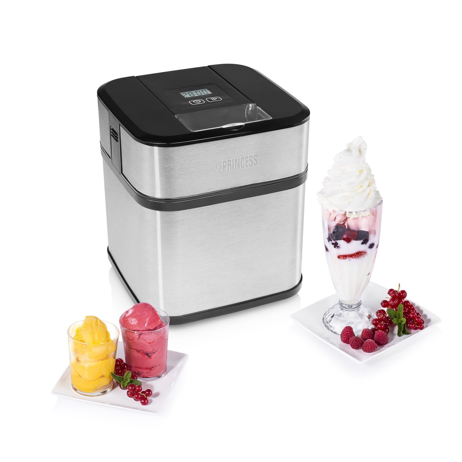PRINCESS Eiswürfelmaschine Princess 282605 Eiscrememaschine – Zubereitung von selbstgemachtem Spe, 1,5L - LCD Display mit Hintergrundbeleuchtung