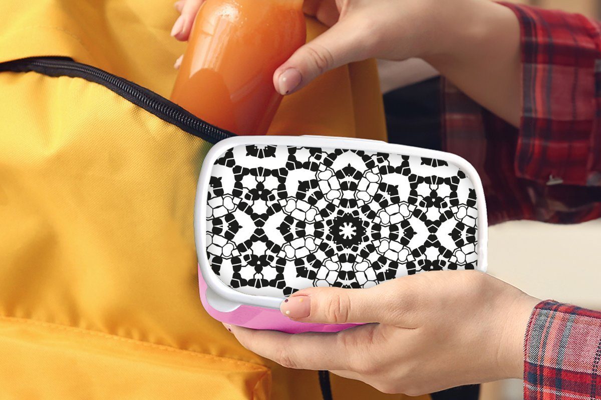 Brotbox Weiß Lunchbox - Schwarz Mädchen, - Kunststoff, Mandala Snackbox, Erwachsene, rosa Brotdose Kinder, und Muster, für (2-tlg), MuchoWow Kunststoff