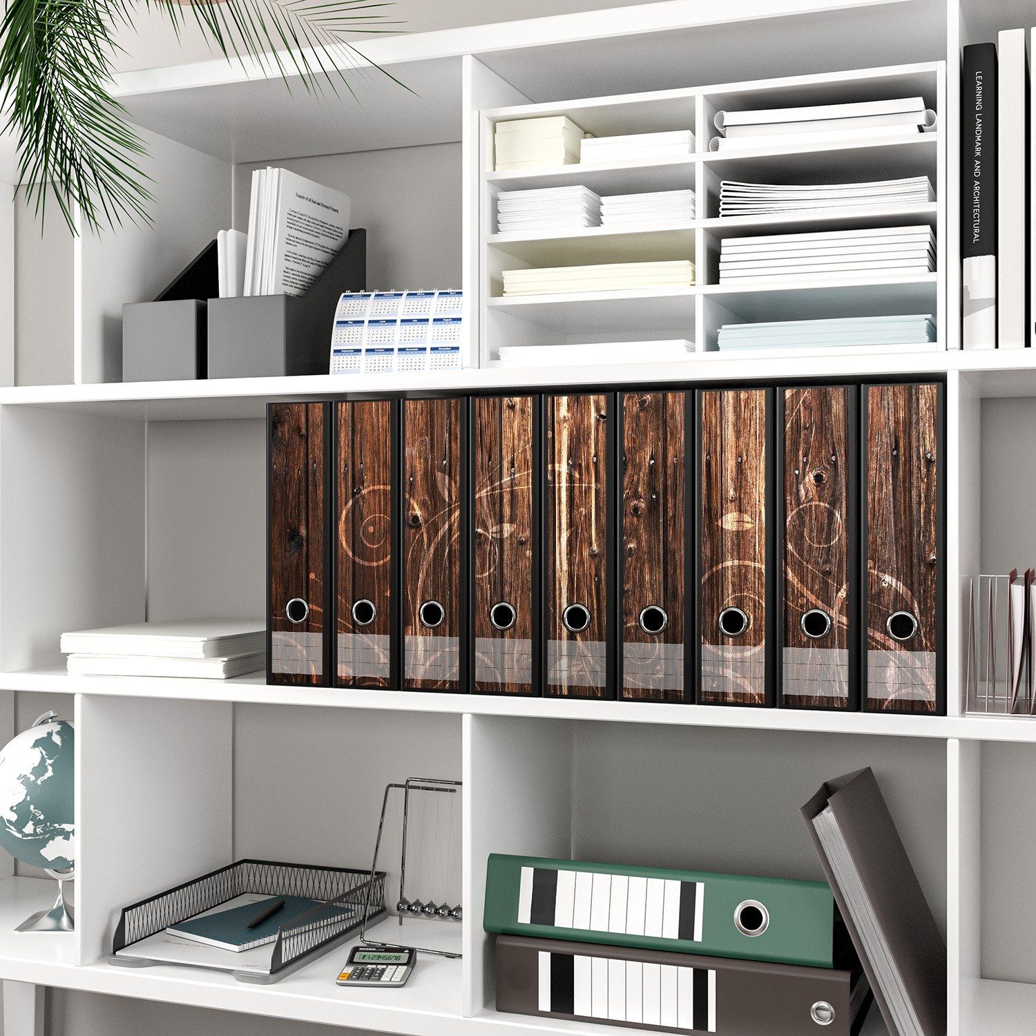 Thumbnail - Wallario Etiketten Holz in dunkelbraun mit Blumenmuster - Schnörkel, Ordnerrücken-Sticker in verschiedenen Ausführungen