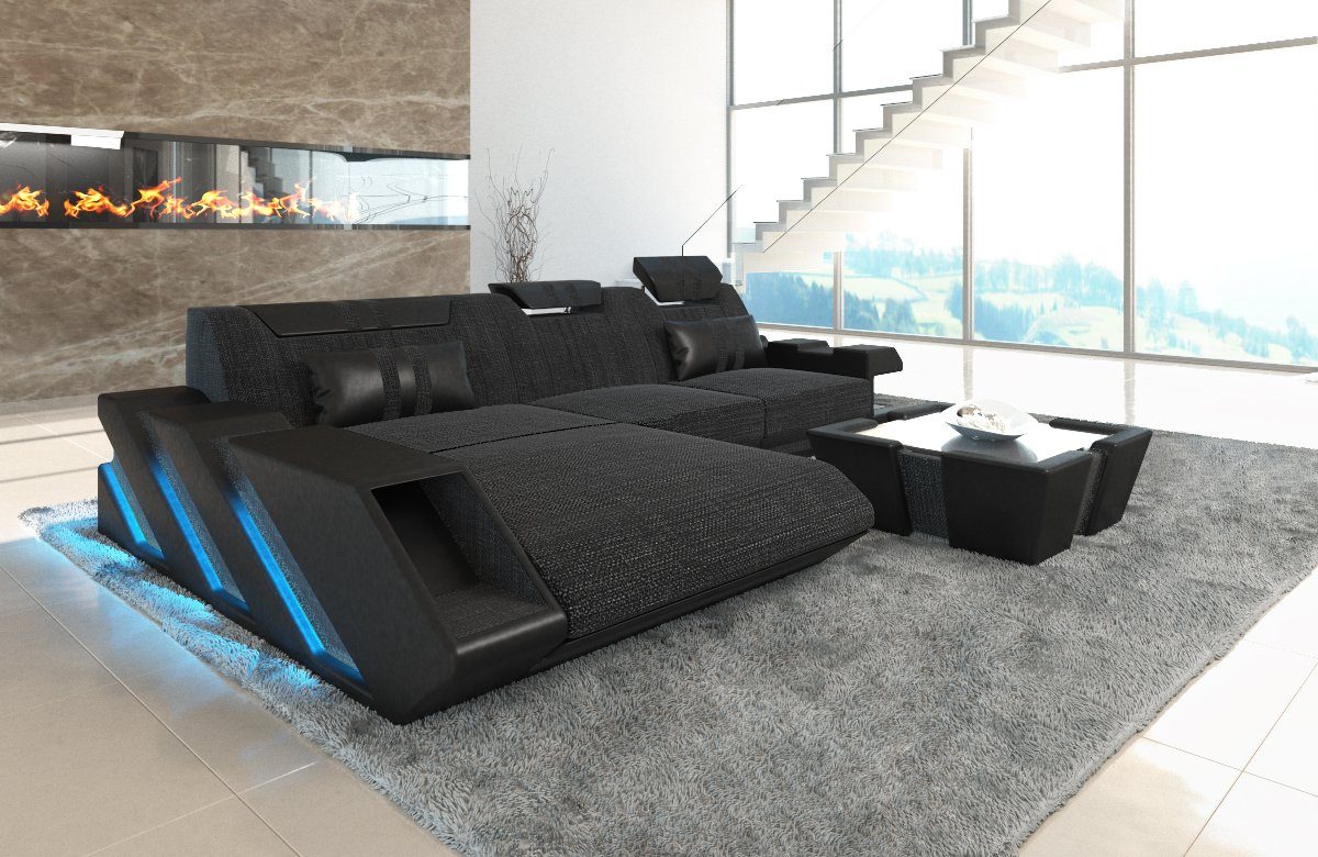 Sofa, Polster Schwarz L Stoff Stoffsofa H12 Form Sofa Bettfunktion Schlafsofa, LED, mit Couch als Ecksofa Dreams Apollonia Grau-Schwarz mit Designersofa wahlweise