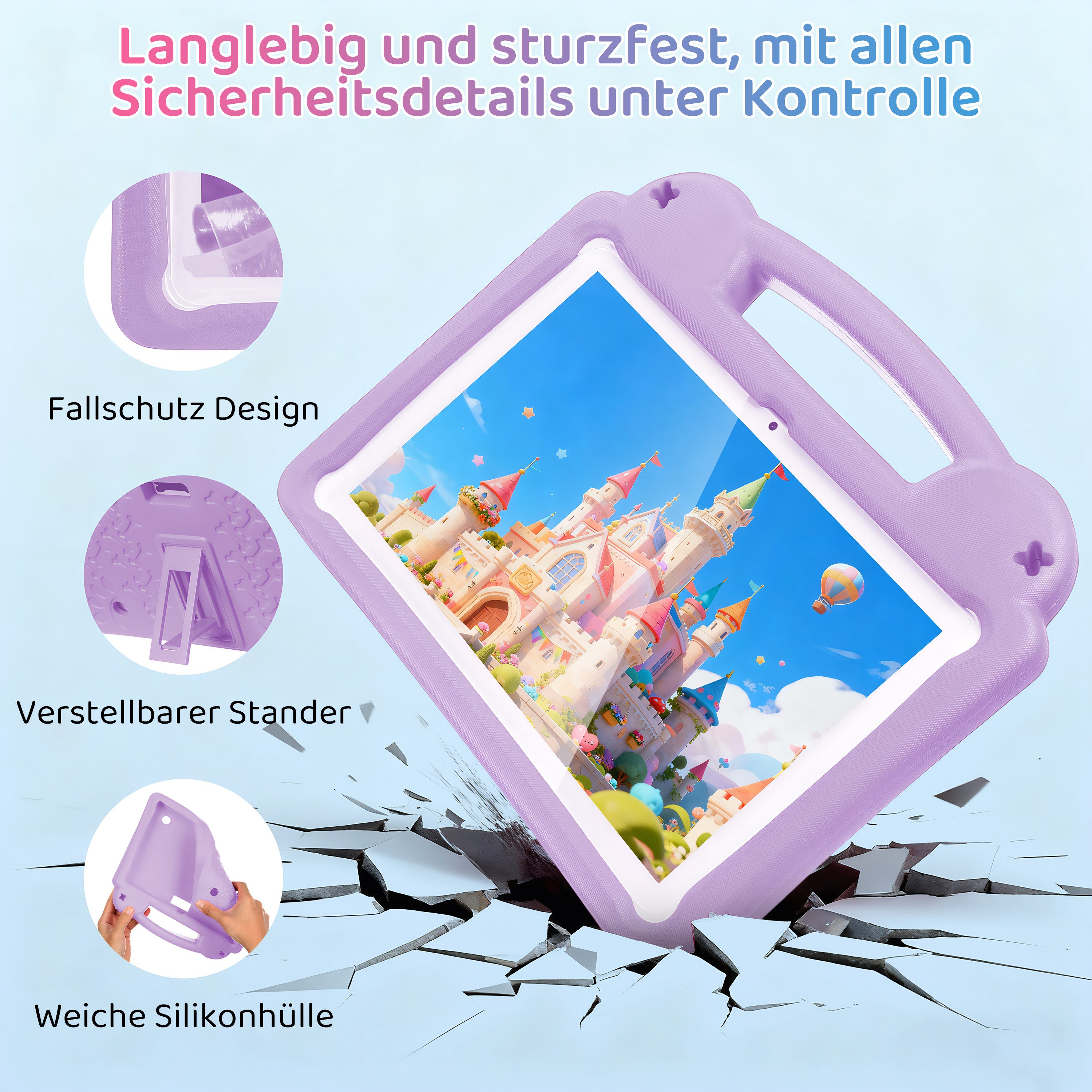 WILGOON 10.1'' Kids Android 15 mit Stylus Tablet A523 Octa Core bis 2.0 GHz HD Tablet (10.1", 64 GB, Android 15, 2.4G+5G WIFI6, 6000 mAh mit WiFi 6 Bluetooth 5.0 GMS mit Tasche+Sticker für Kinder)