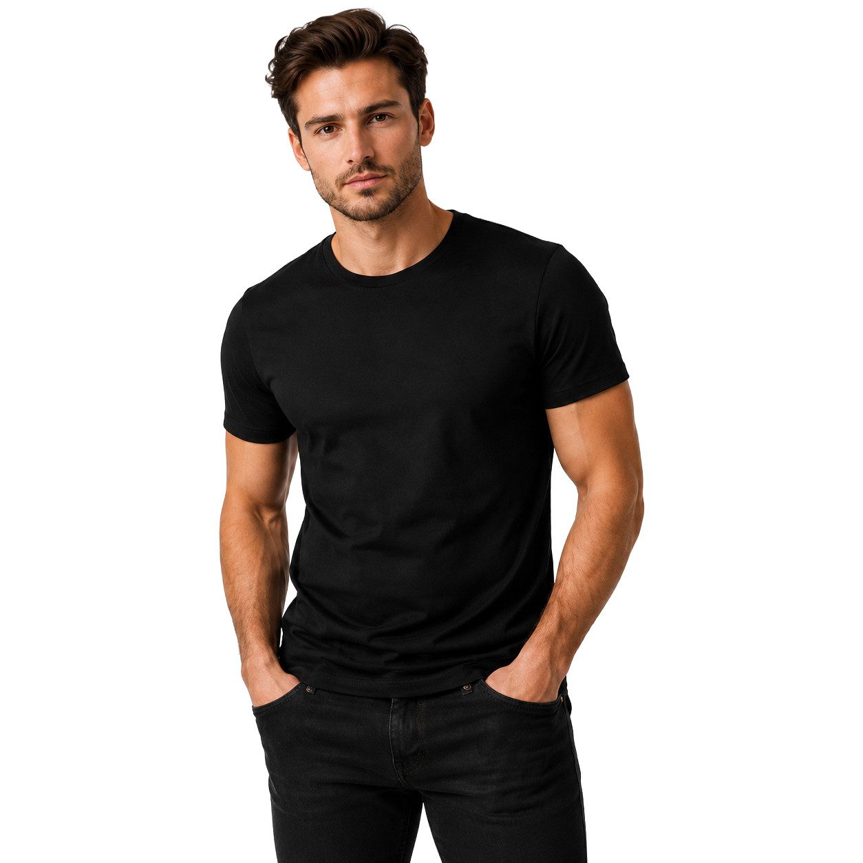 T-Shirt Herren T-Shirt Schwarz Rundhals 100% Baumwolle Basic Shirt Gr. M