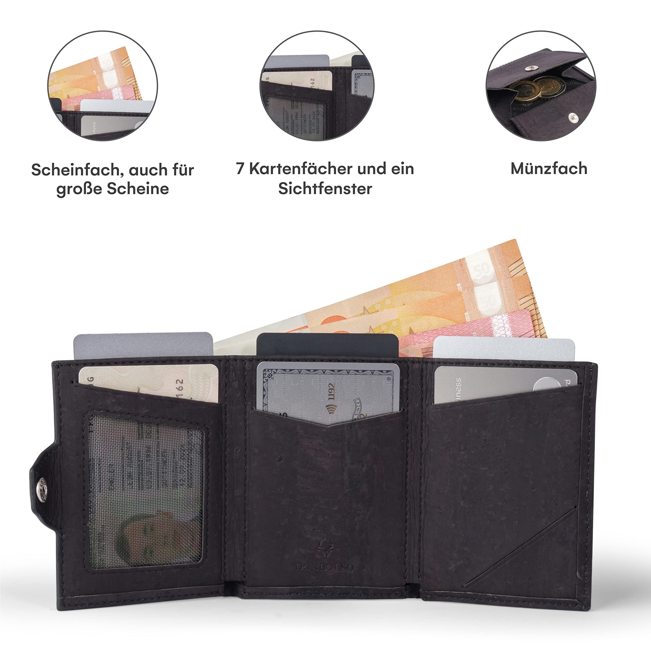 Donbolso Mini Geldbörse Leder Braun I RFID M Korkleder Vegan Geldbörse Münzfach Schutz, Vintage Leder I Mit
