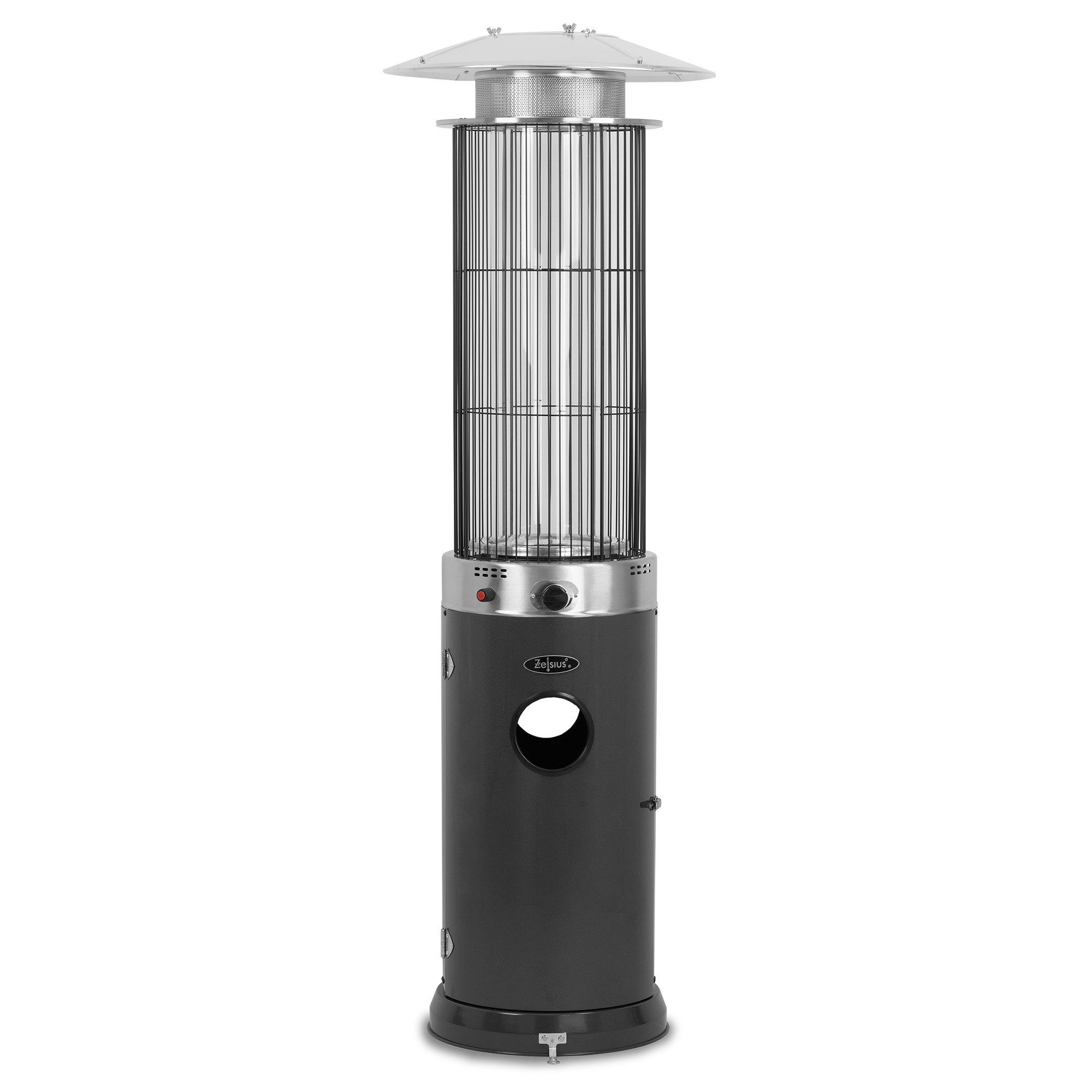 Zelsius Heizstrahler Heizstrahler mit Glasröhre Davos Grau, Ø 57 x (H) 174 cm, 15 kW, Gasflasche kann im Inneren sauber und unsichtbar verstaut werden