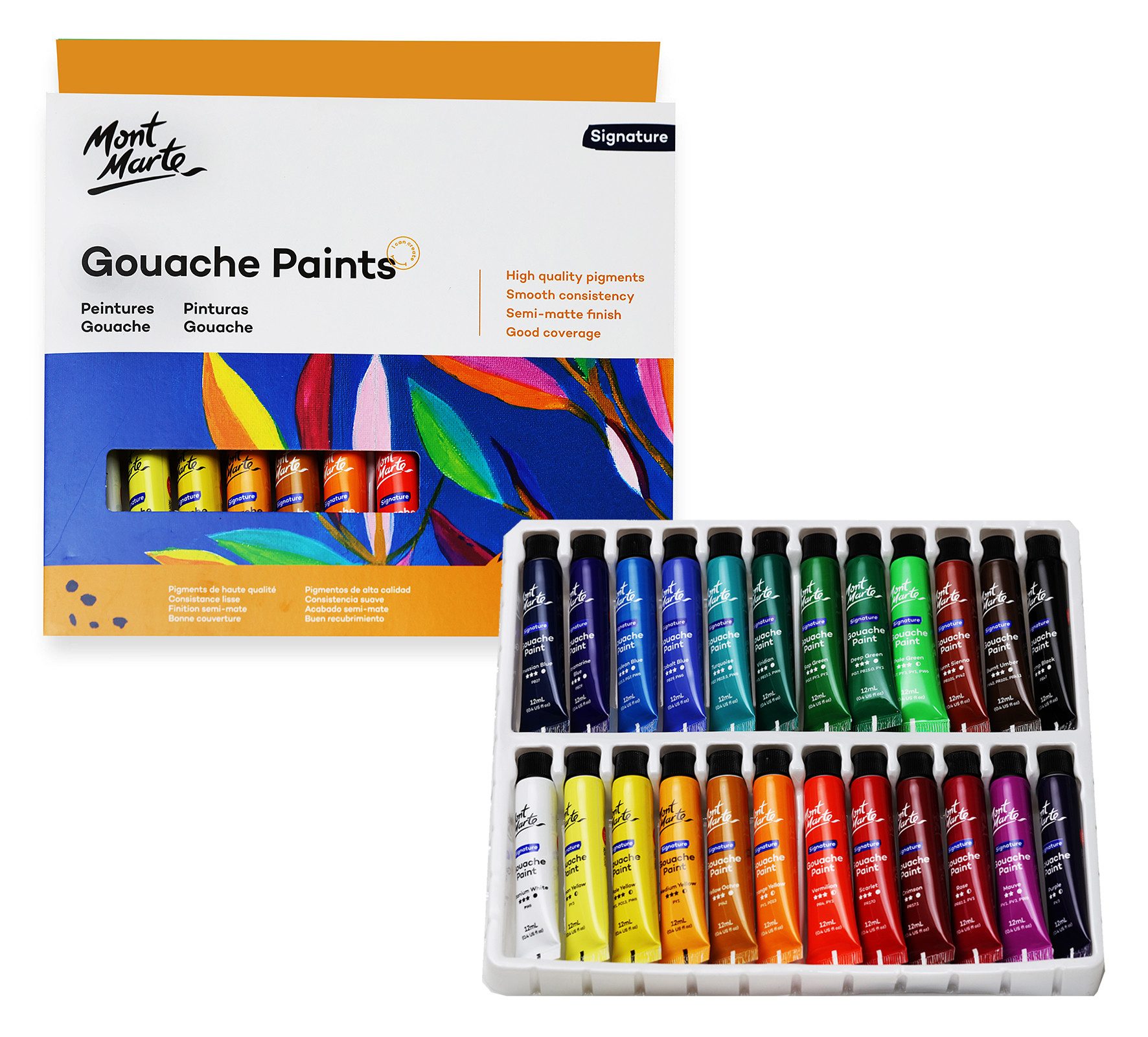 Mont Marte Bastelfarbe SIGNATURE Gouache Farben Set 12 / 24 x 12ml - Intensive Farben, Perfekt für Anfänger & Profi,lebendige Farben,samtiges & mattes Finish
