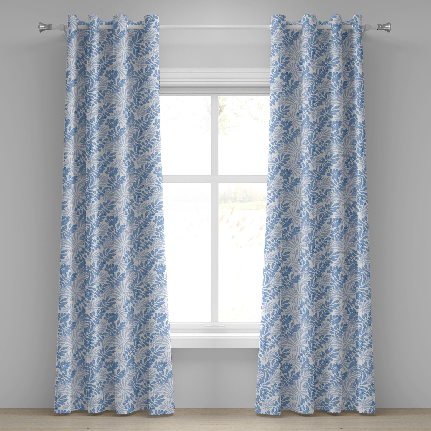 Gardine Dekorative 2-Panel-Fenstervorhänge für Schlafzimmer Wohnzimmer, Abakuhaus, Blau und weiß Hawaii-Blätter