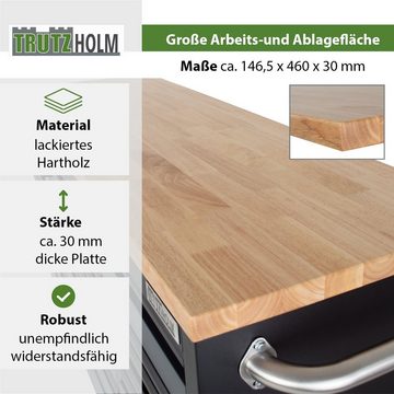 TRUTZHOLM Werkstattwagen Deluxe XXL Anthrazit unbestückt 160x92,5 cm 20 Schubladen Werkbank, 20 Schubladen, Anthrazit, 6 schwenkbare Rollen, 4 Rollen mit Feststellbremse, pulverbeschichteter Stahl, Hartholz Arbeitsplatte