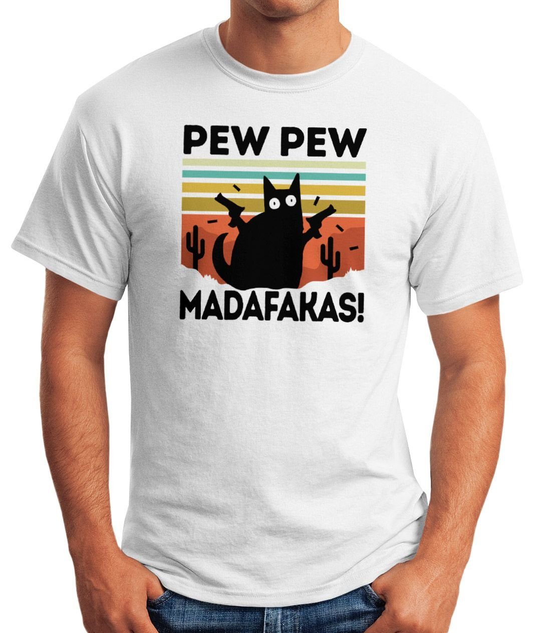 MoonWorks Print-Shirt weiß Madafakas! Moonworks® Herren lustig schwarze Katze Fun-Shirt mit Meme Spruch Pew T-Shirt Pew Print